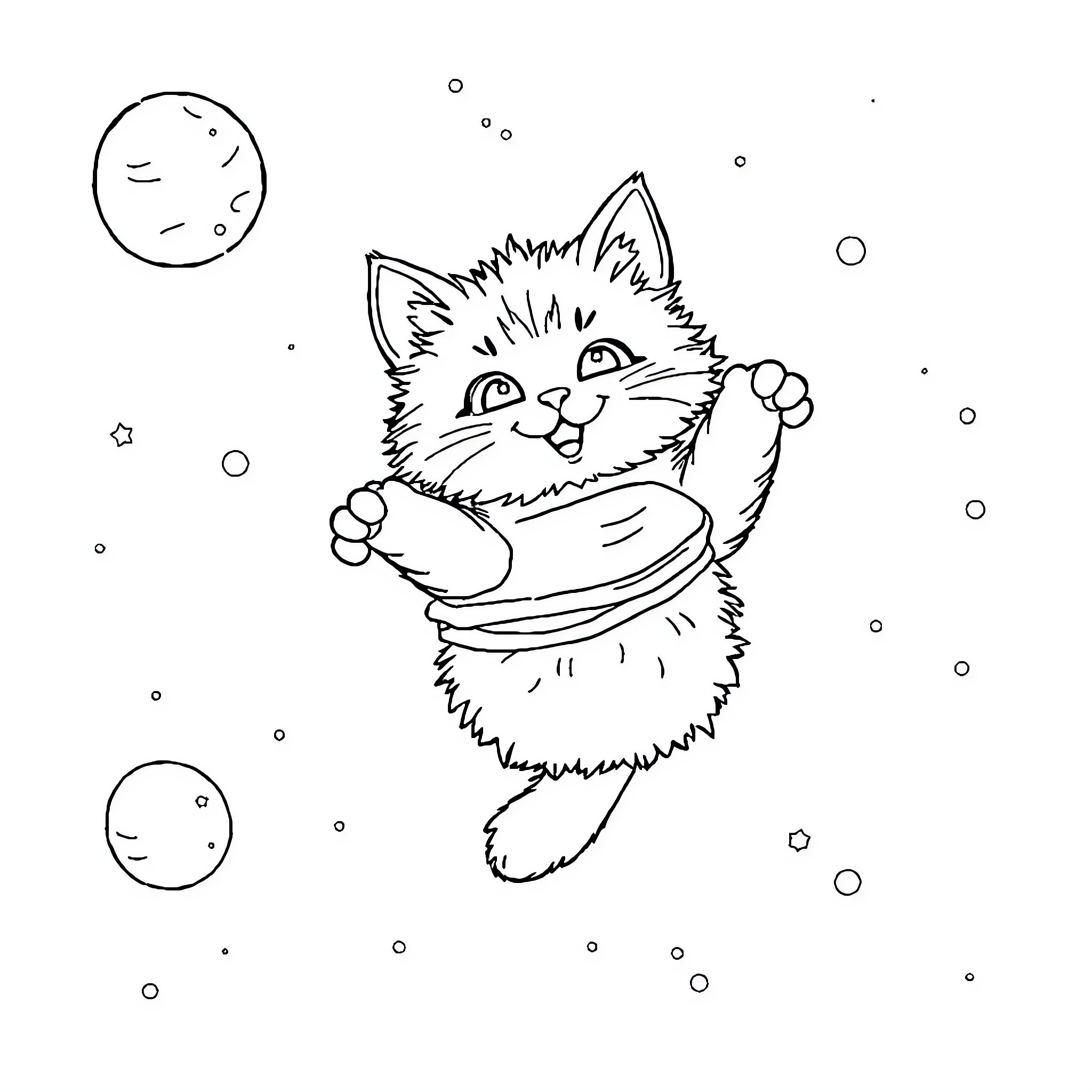 Cat playing with bubbles in the night sky Coloring Page (free black-and-white line drawing printable PDF for all, from beginners to advanced learners, including children, teens, adults, and seniors)