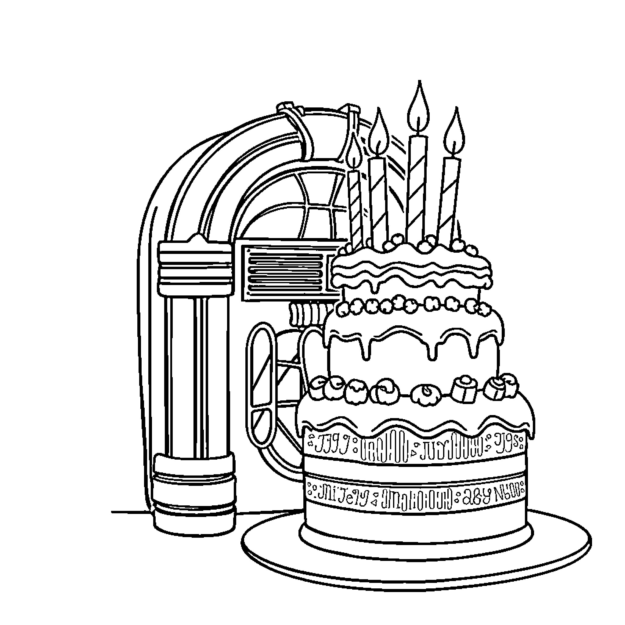 Jukebox with Cake and Candles Coloring Page (free black-and-white line drawing printable PDF for all, from beginners to advanced learners, including children, teens, adults, and seniors)