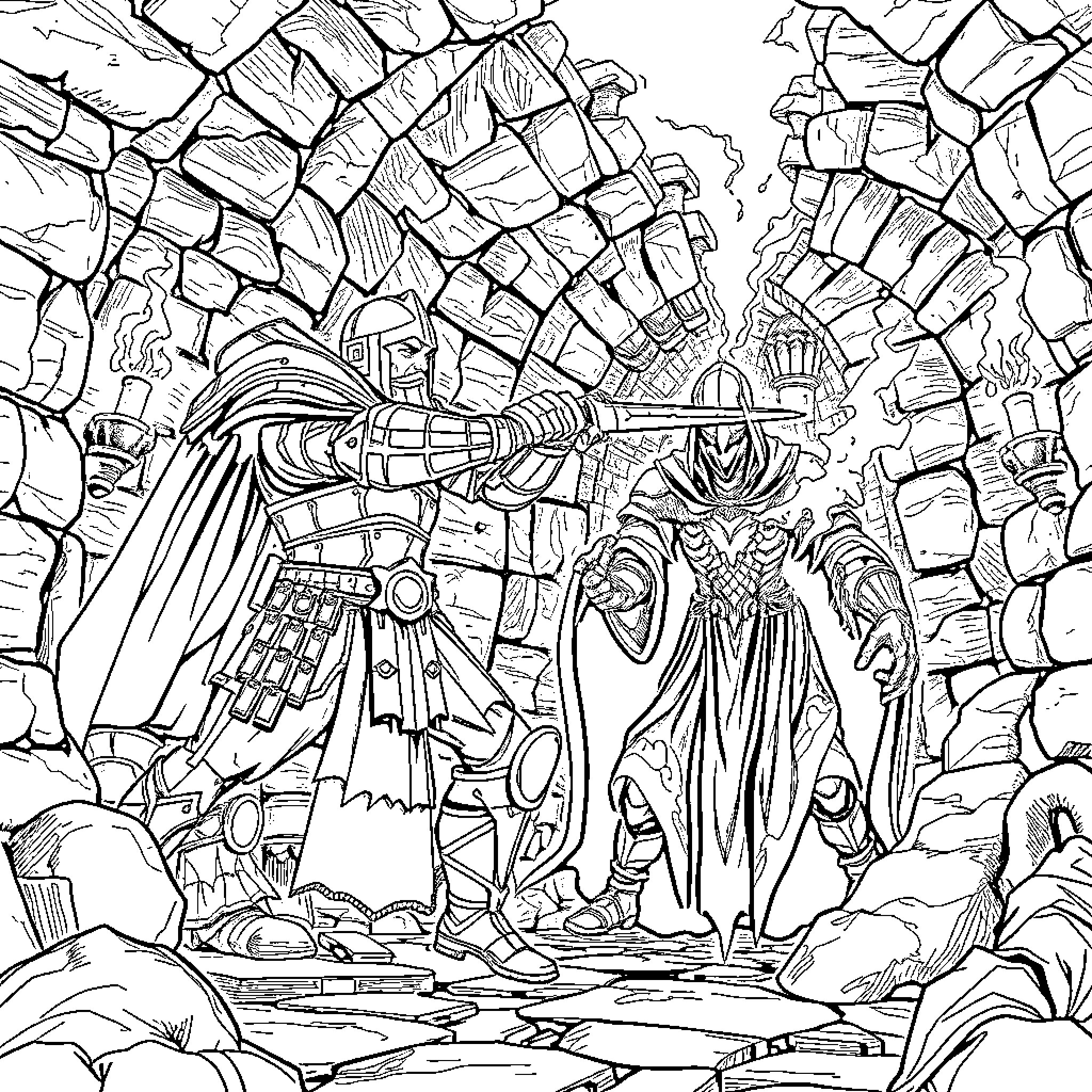 Adeptus Astartes warriors engage in battle amidst ruins Coloring Page (free black-and-white line drawing printable PDF for all, from beginners to advanced learners, including children, teens, adults, and seniors)