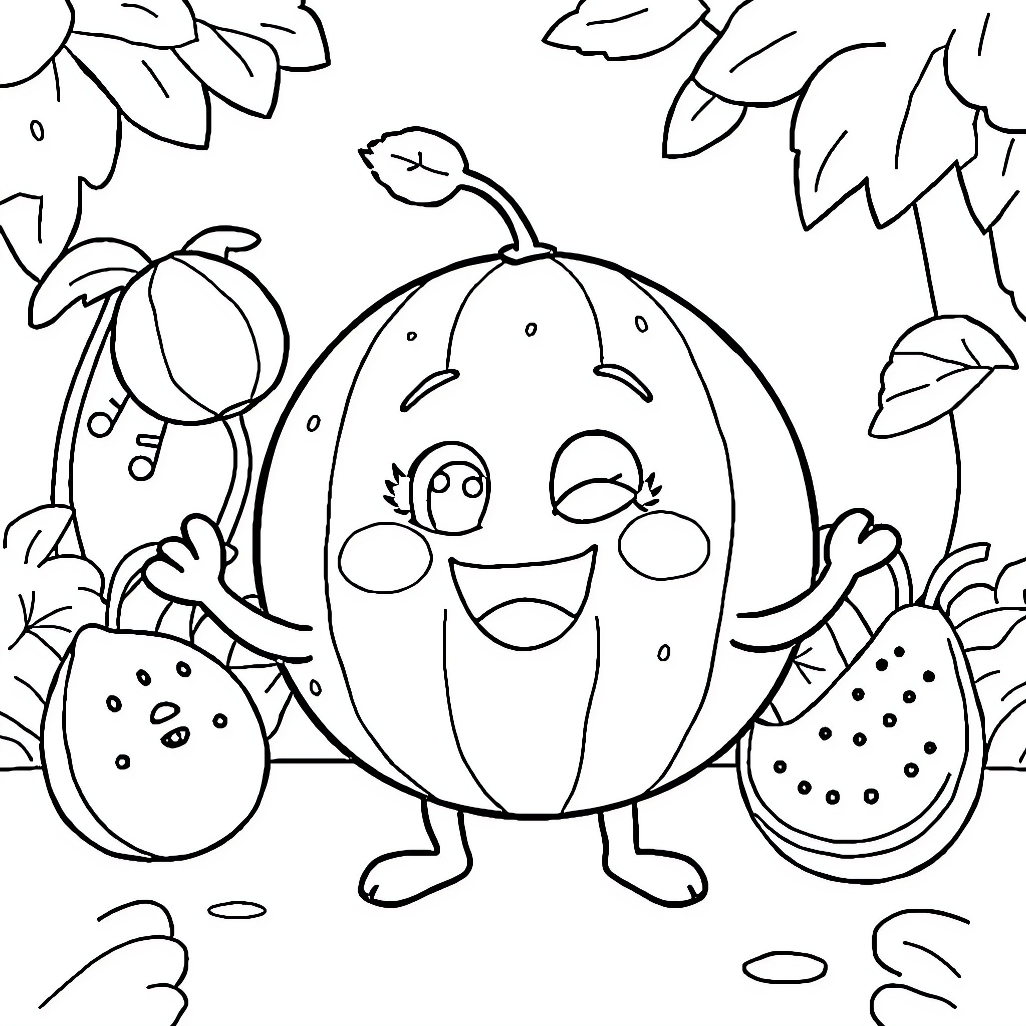 Coco Melon characters in a happy, playful scene Coloring Page (free black-and-white line drawing printable PDF for all, from beginners to advanced learners, including children, teens, adults, and seniors)