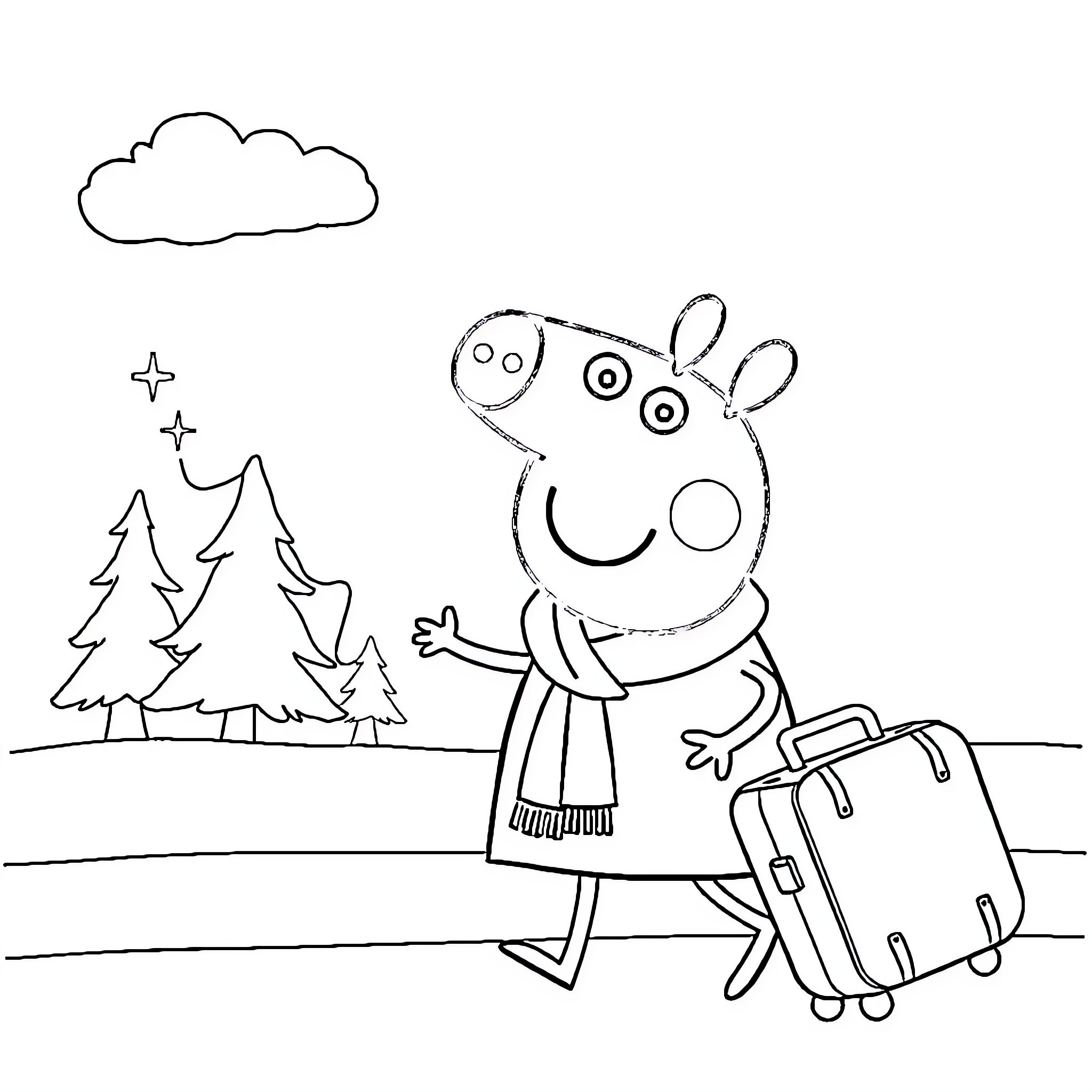 Peppa Pig on a winter adventure with luggage Coloring Page (free black-and-white line drawing printable PDF for all, from beginners to advanced learners, including children, teens, adults, and seniors)