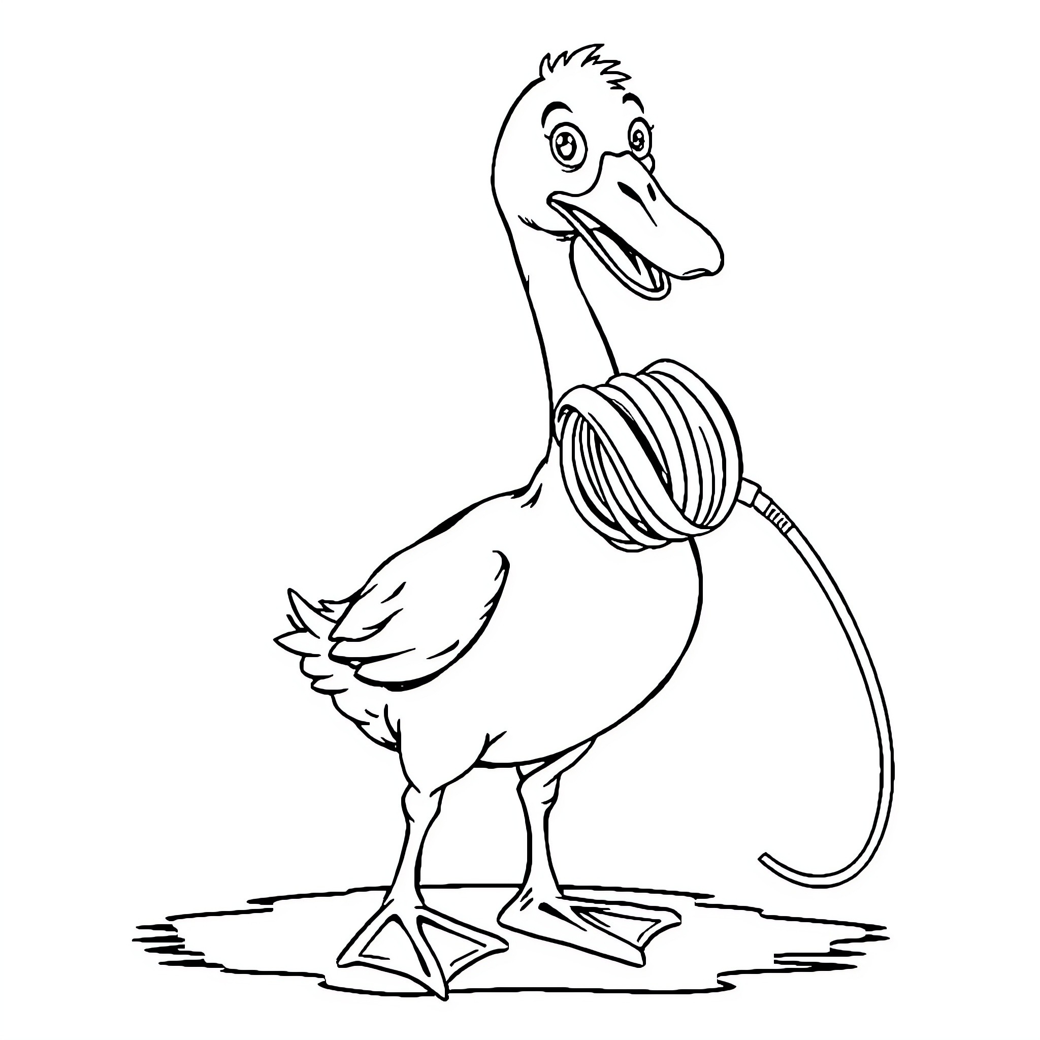 Goose with playful expression and tangled up hose Coloring Page (free black-and-white line drawing printable PDF for all, from beginners to advanced learners, including children, teens, adults, and seniors)
