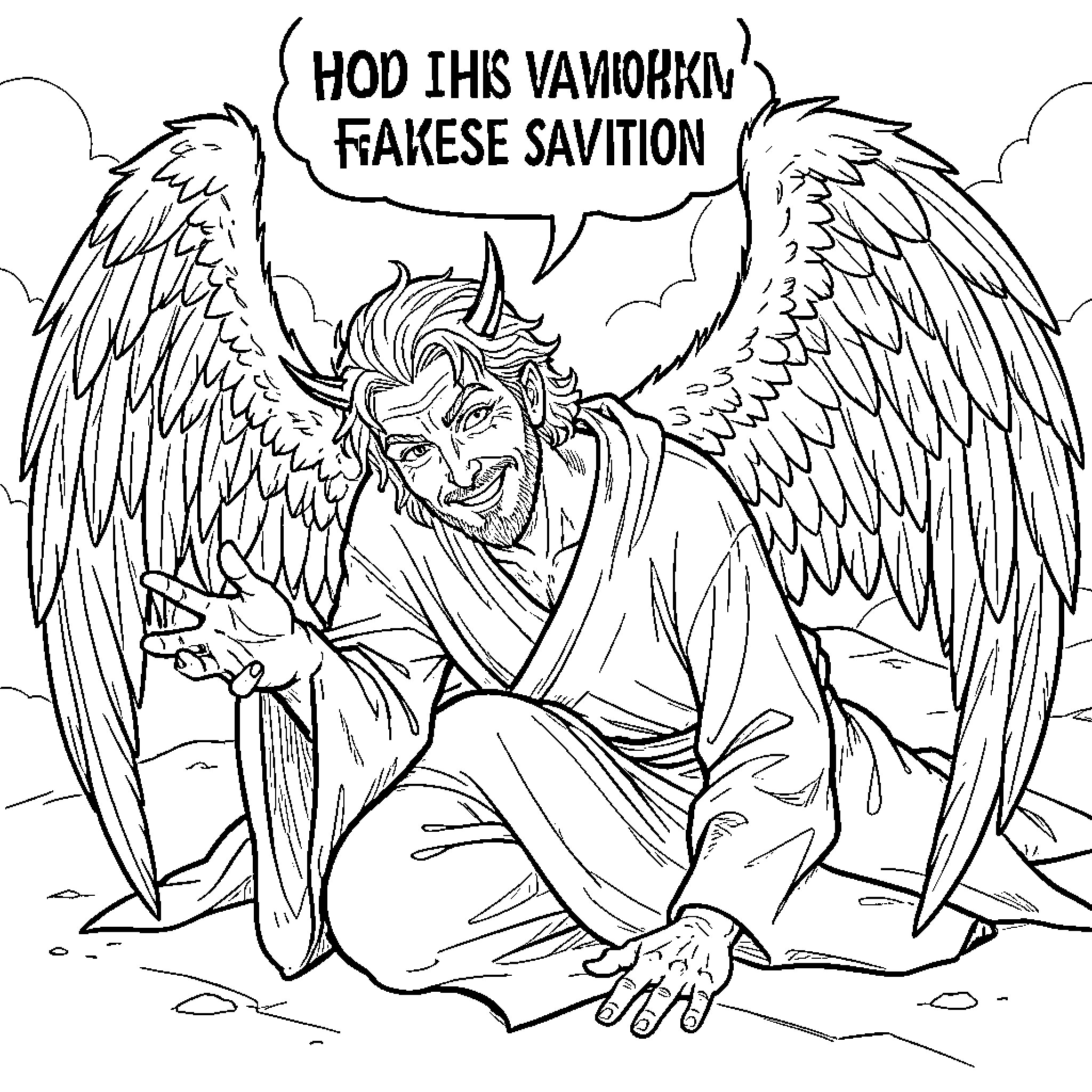 Angel with horns gesturing while speaking to others Coloring Page (free black-and-white line drawing printable PDF for all, from beginners to advanced learners, including children, teens, adults, and seniors)