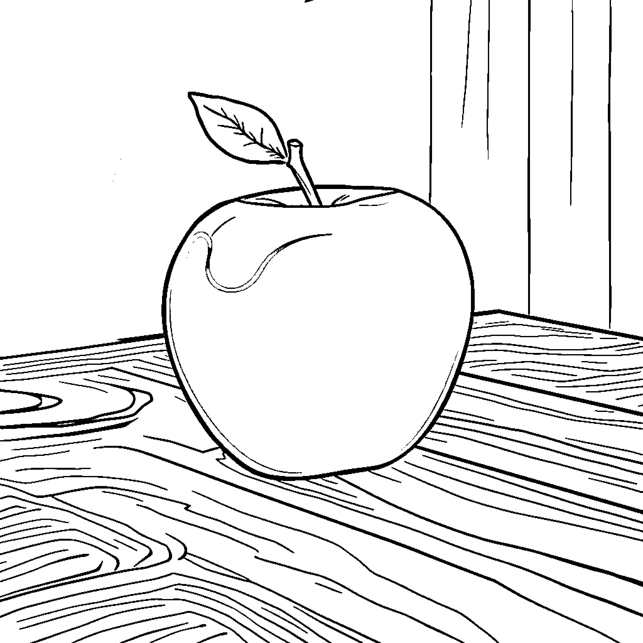 Apple resting on a wooden table Coloring Page (free black-and-white line drawing printable PDF for all, from beginners to advanced learners, including children, teens, adults, and seniors)