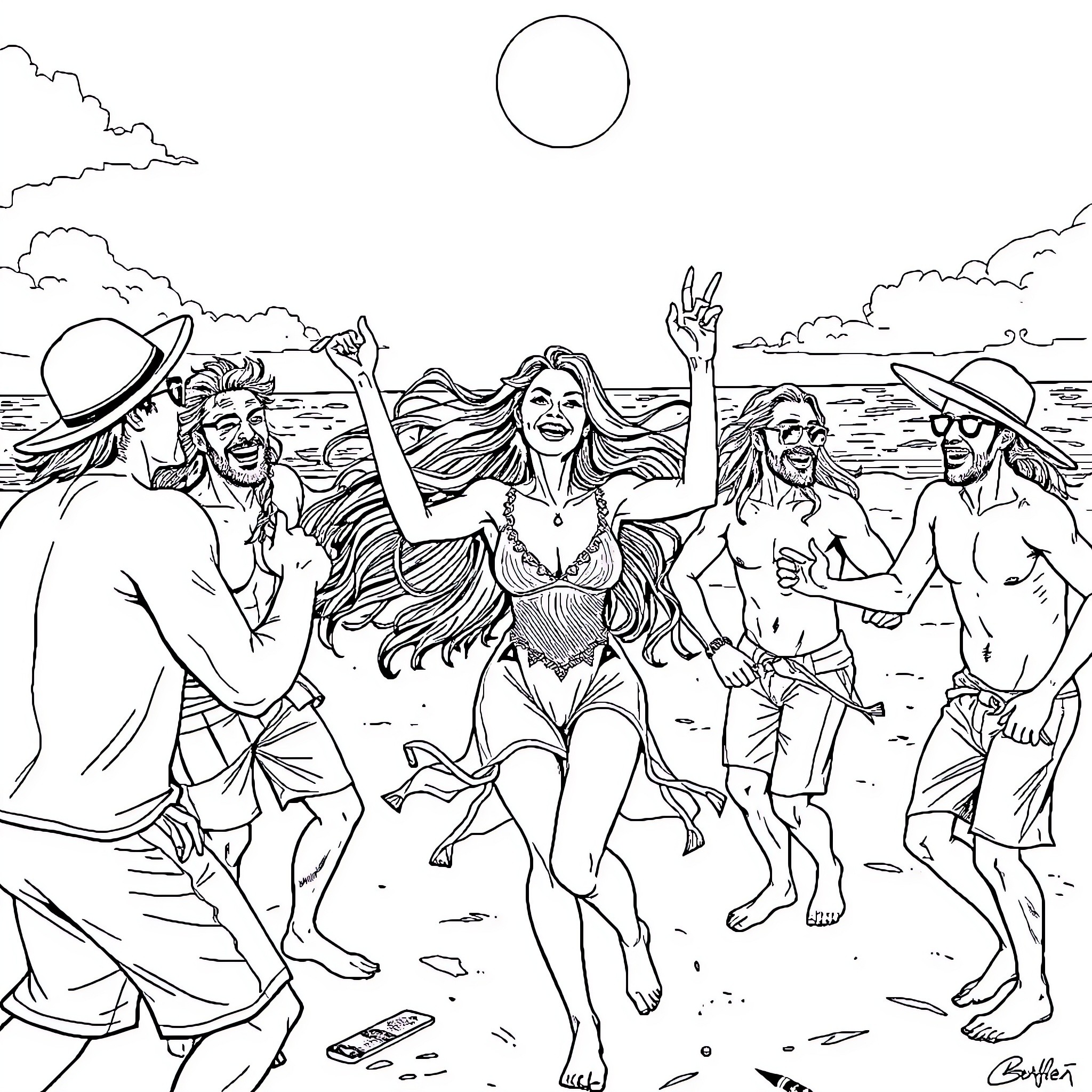 Woman joyfully dancing with friends on the beach Coloring Page (free black-and-white line drawing printable PDF for all, from beginners to advanced learners, including children, teens, adults, and seniors)