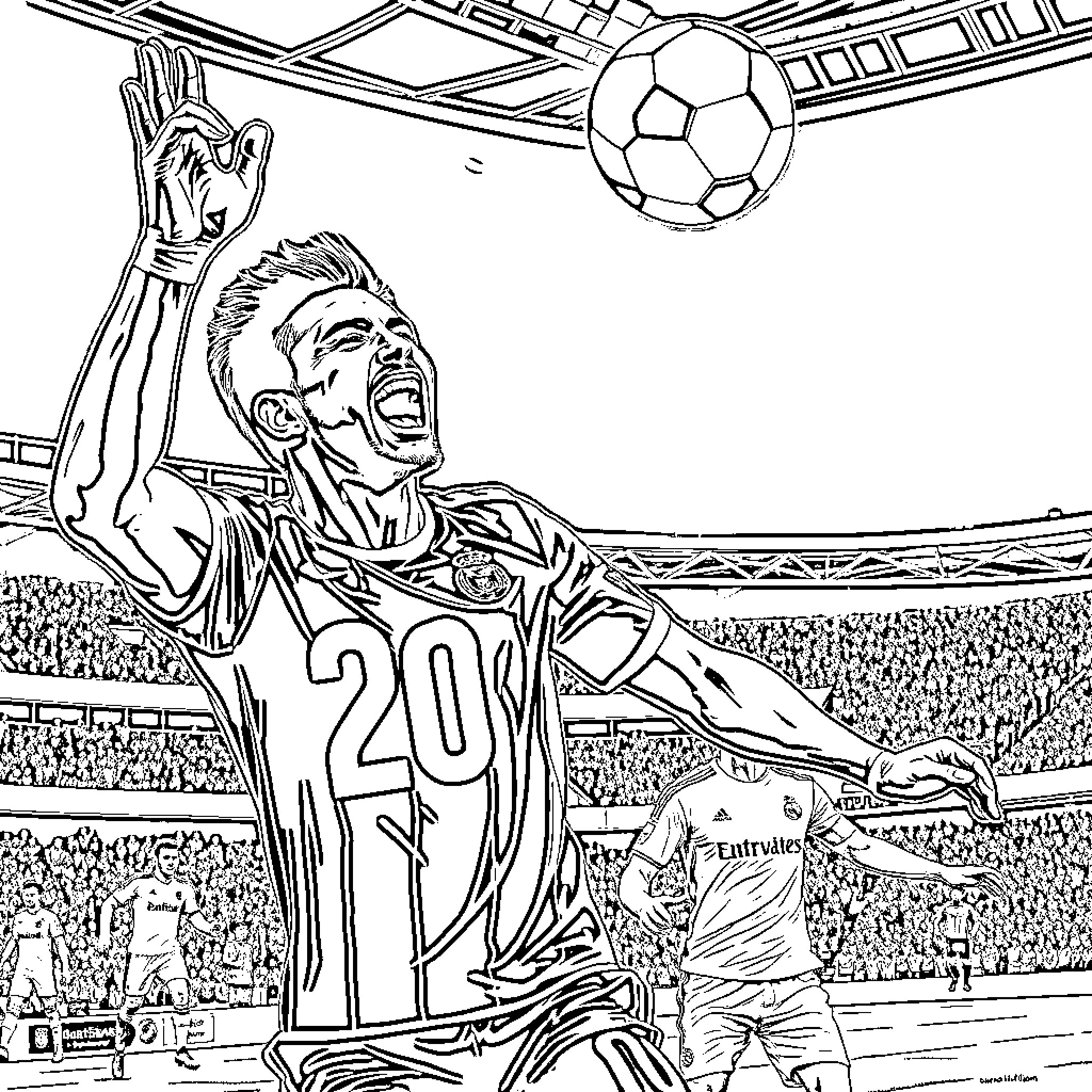 Delcan Rice: Soccer Player Celebrating Victory on the Field Coloring Page (free black-and-white line drawing printable PDF for all, from beginners to advanced learners, including children, teens, adults, and seniors)