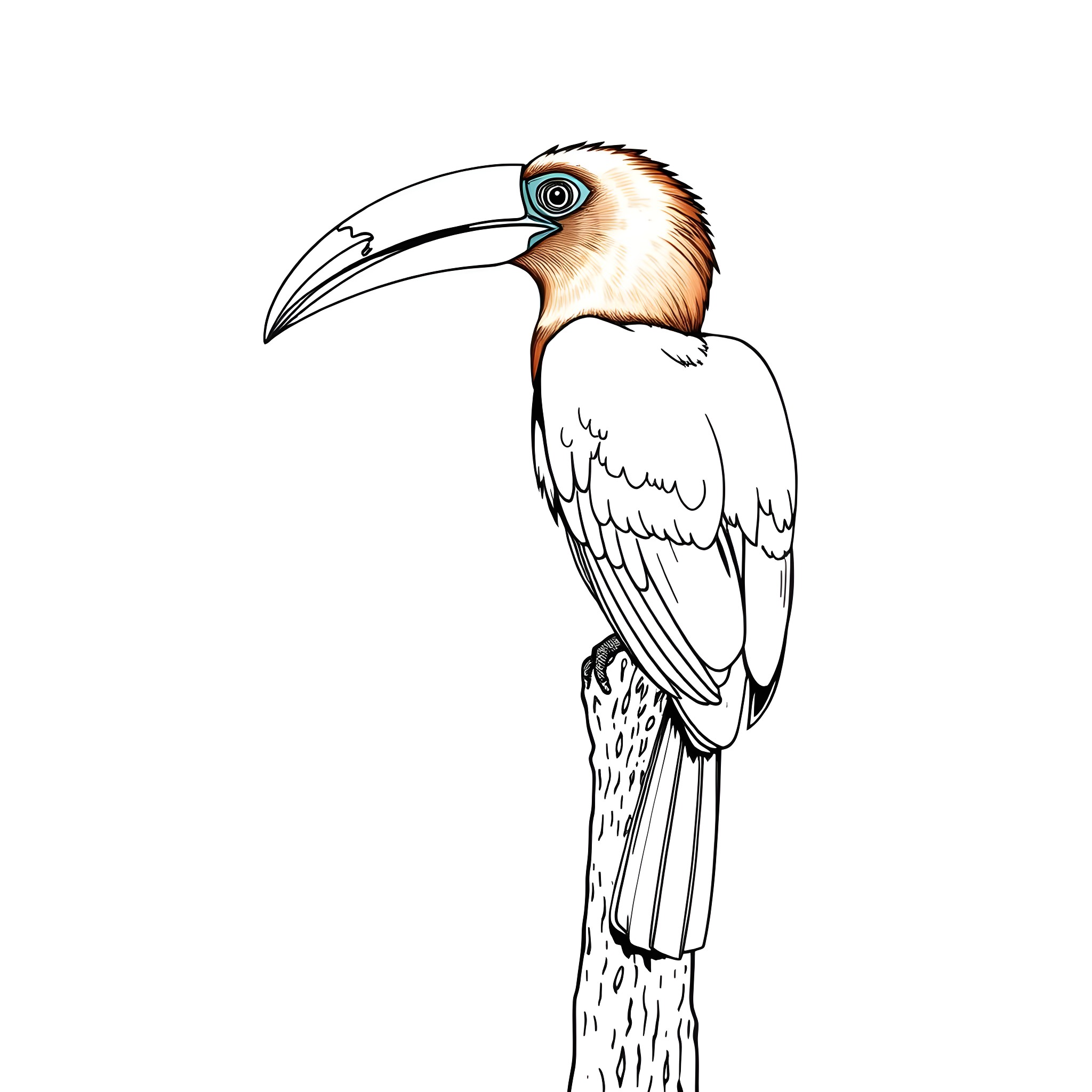 Toucanet perched on a branch Coloring Page (free black-and-white line drawing printable PDF for all, from beginners to advanced learners, including children, teens, adults, and seniors)