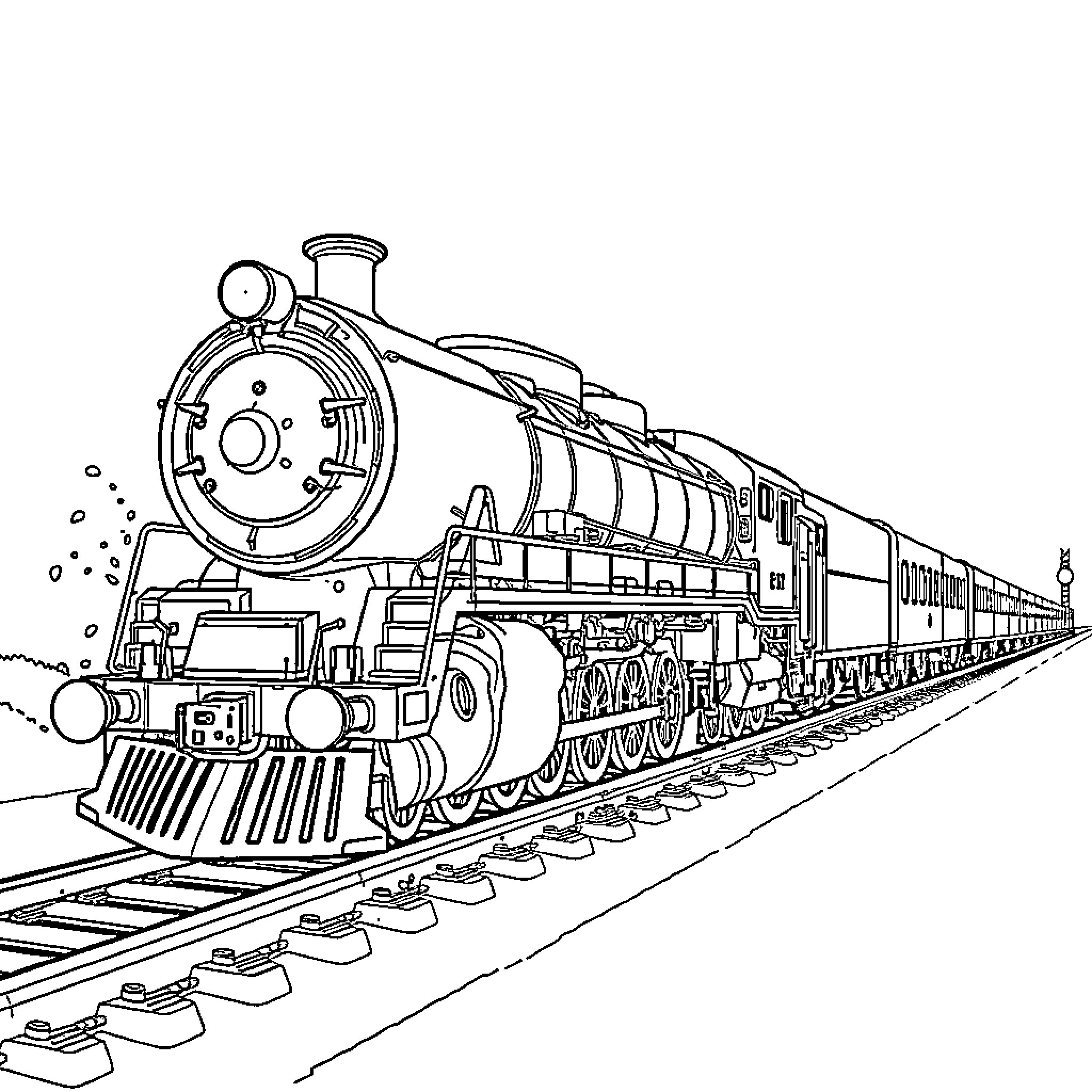 Locomotive traveling down the tracks with passengers Coloring Page (free black-and-white line drawing printable PDF for all, from beginners to advanced learners, including children, teens, adults, and seniors)