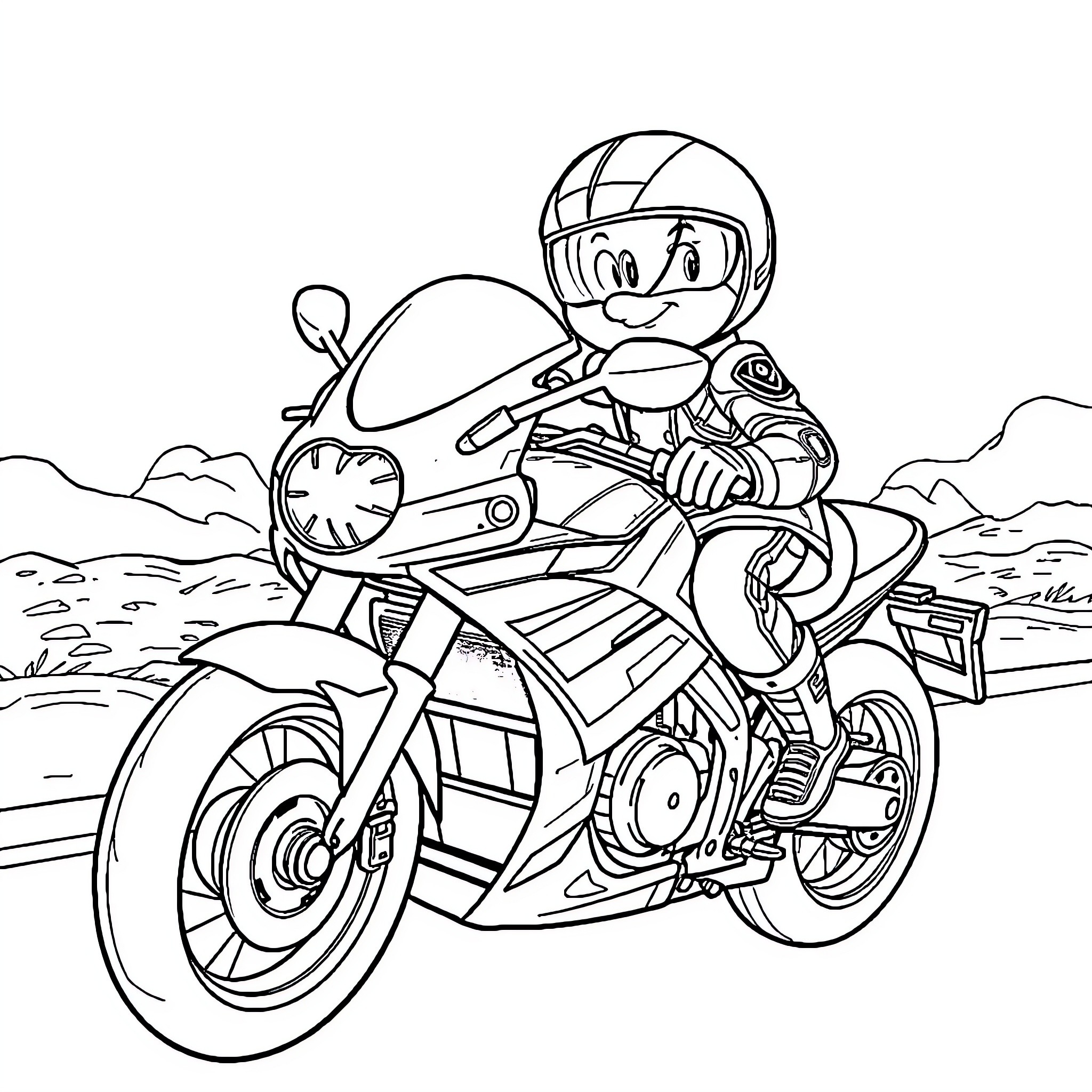 Ryder races on a speedy motorcycle Coloring Page (free black-and-white line drawing printable PDF for all, from beginners to advanced learners, including children, teens, adults, and seniors)