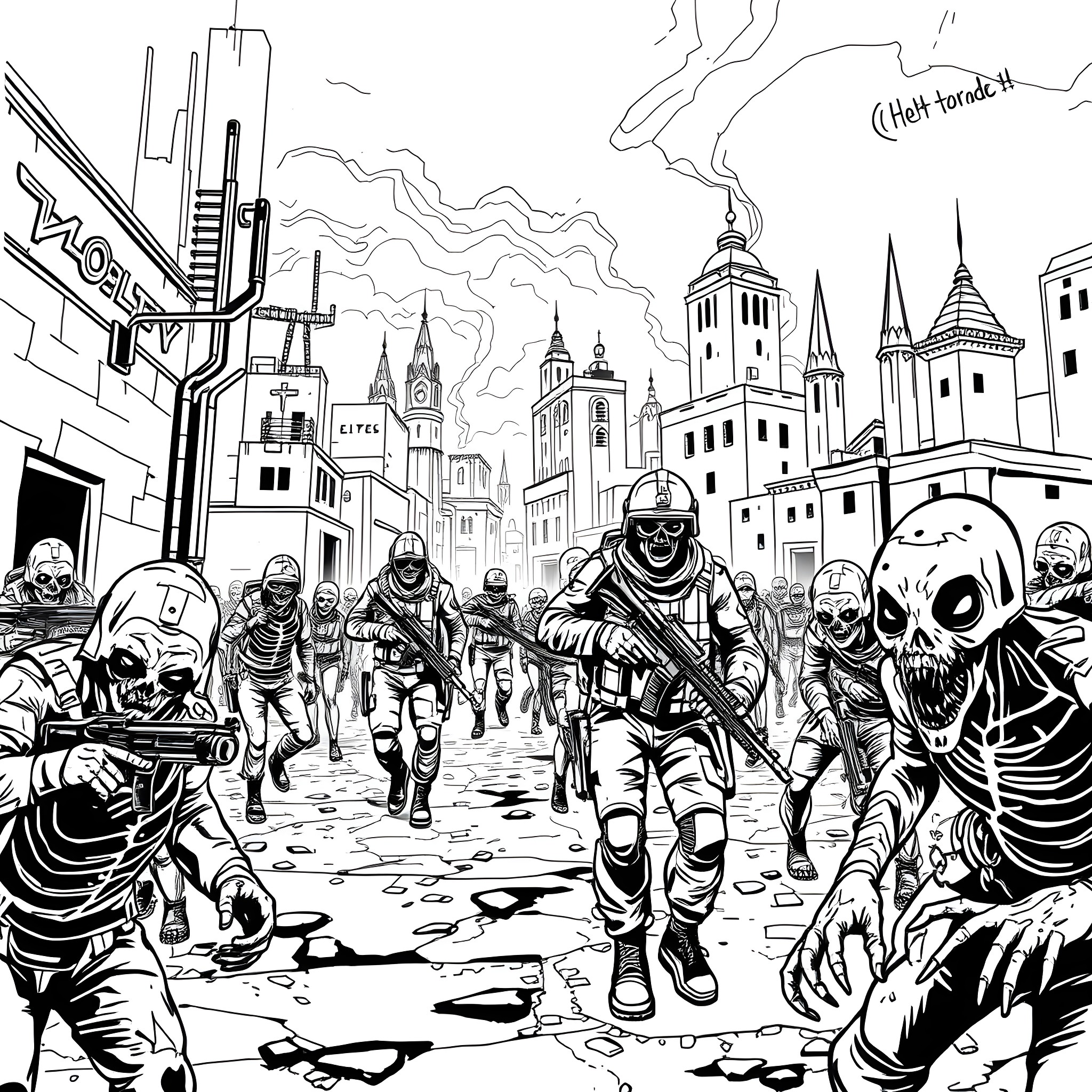 Zombie Invasion of a Dystopian City Coloring Page (free black-and-white line drawing printable PDF for all, from beginners to advanced learners, including children, teens, adults, and seniors)