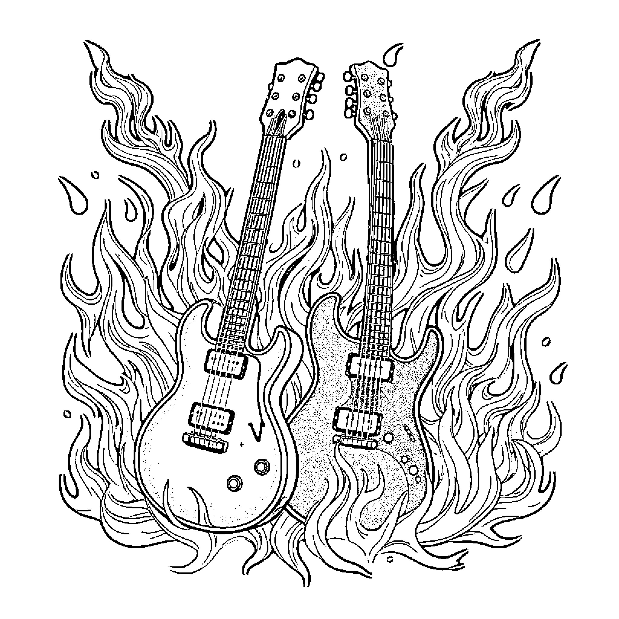 Guitar Guitars Engulfed in Flames Coloring Page (free black-and-white line drawing printable PDF for all, from beginners to advanced learners, including children, teens, adults, and seniors)