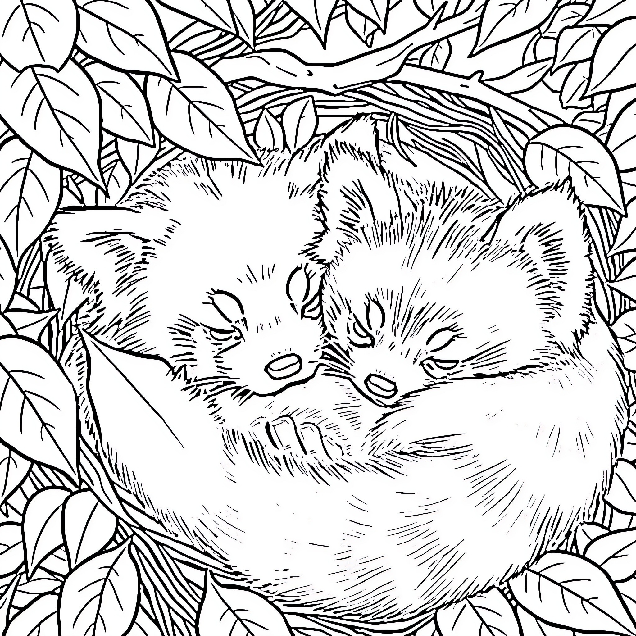 Panda Sleeping Peacefully in Lush Foliage Coloring Page (free black-and-white line drawing printable PDF for all, from beginners to advanced learners, including children, teens, adults, and seniors)