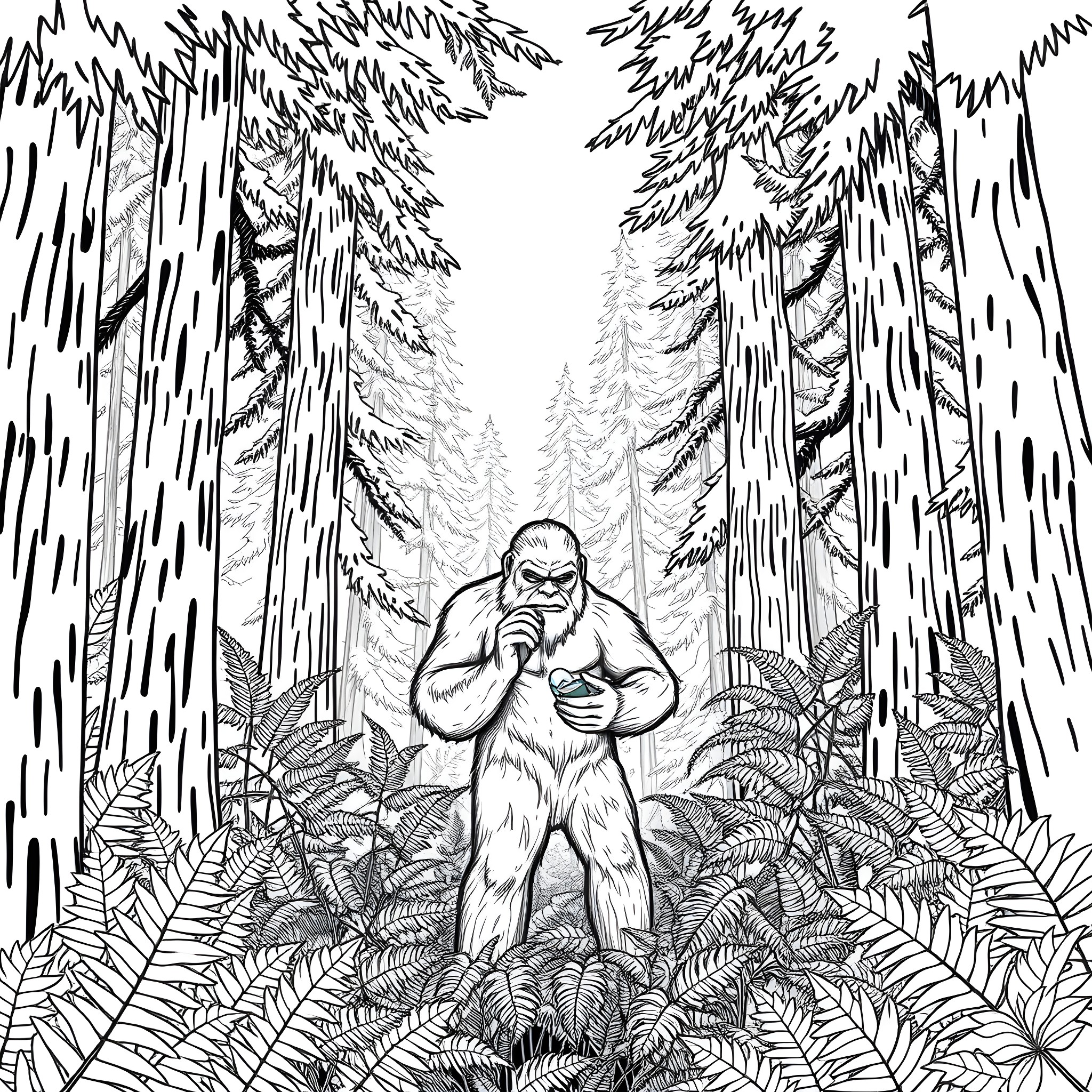 Bigfoot standing amidst lush forest landscape Coloring Page (free black-and-white line drawing printable PDF for all, from beginners to advanced learners, including children, teens, adults, and seniors)