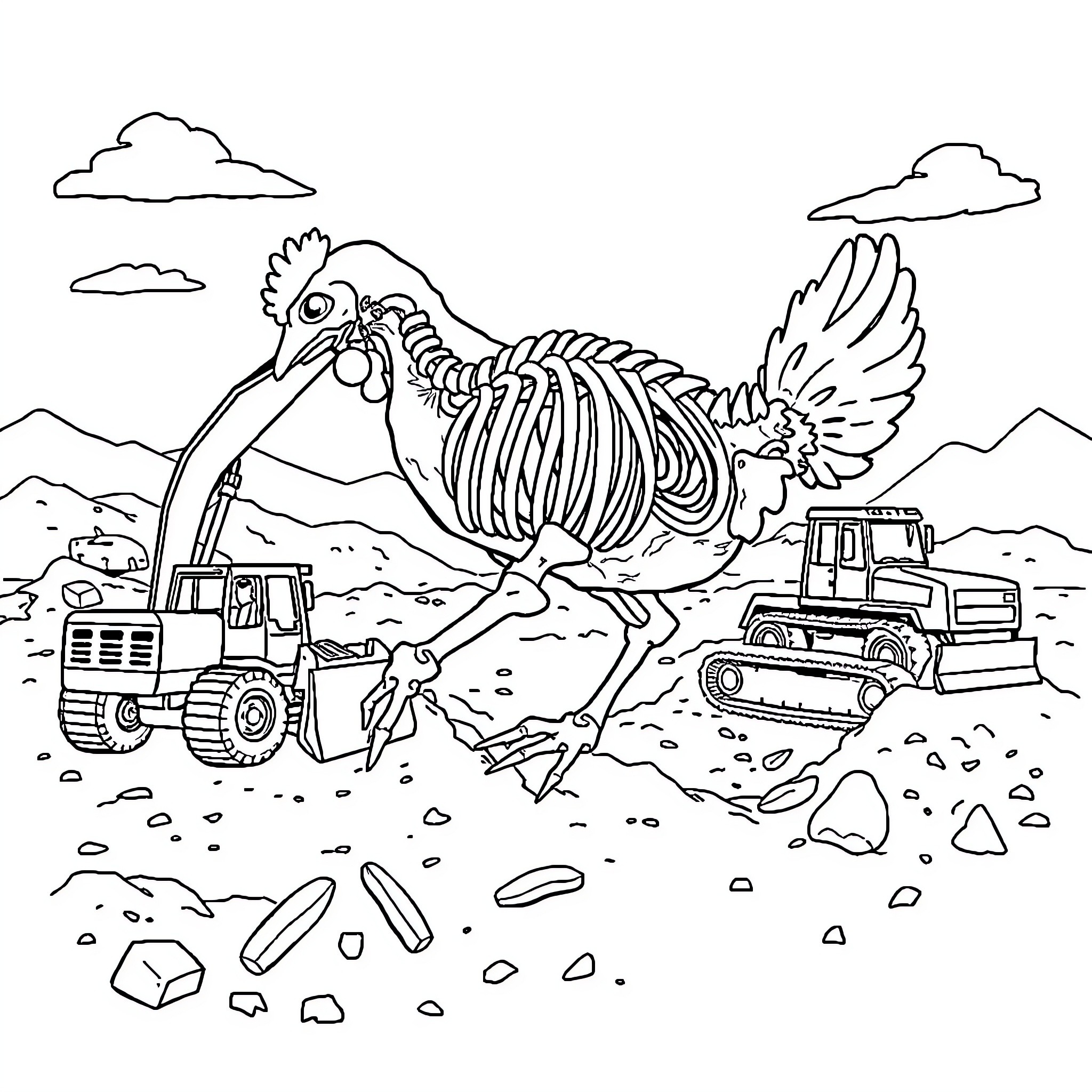 Construction Vehicles Moving Skeletal Creature in Surreal Landscape Coloring Page (free black-and-white line drawing printable PDF for all, from beginners to advanced learners, including children, teens, adults, and seniors)