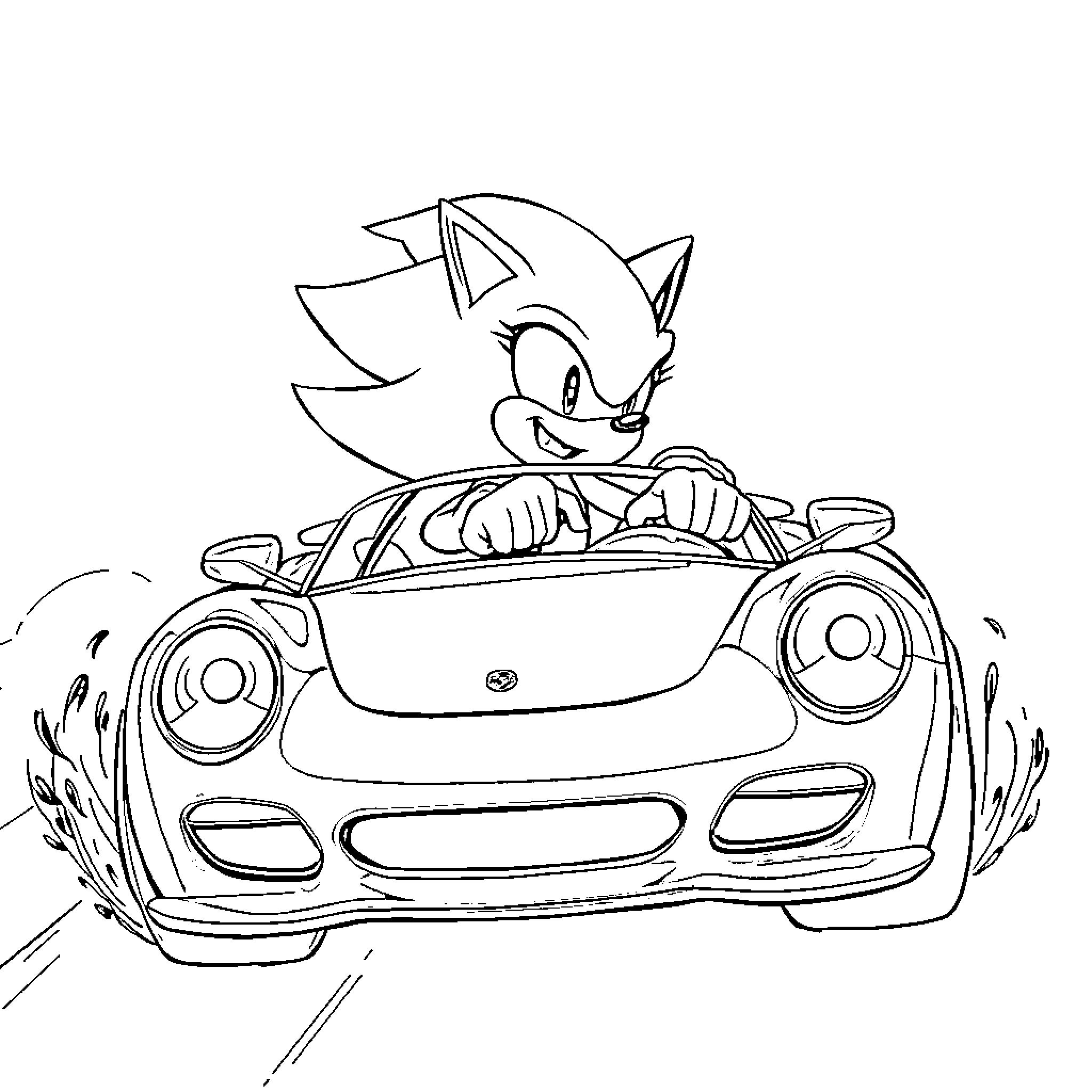 Sonic racing speedily in a sports car Coloring Page (free black-and-white line drawing printable PDF for all, from beginners to advanced learners, including children, teens, adults, and seniors)