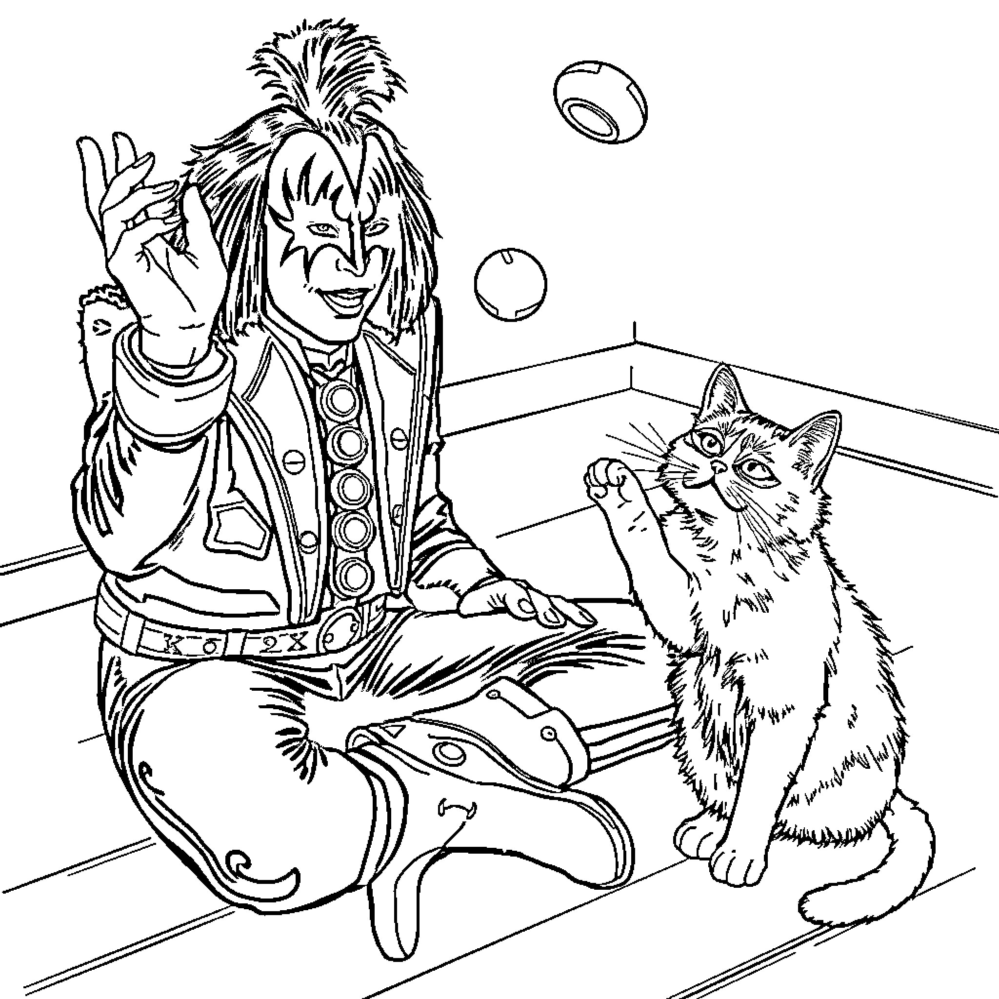 Gene Simmons performing with a playful cat Coloring Page (free black-and-white line drawing printable PDF for all, from beginners to advanced learners, including children, teens, adults, and seniors)