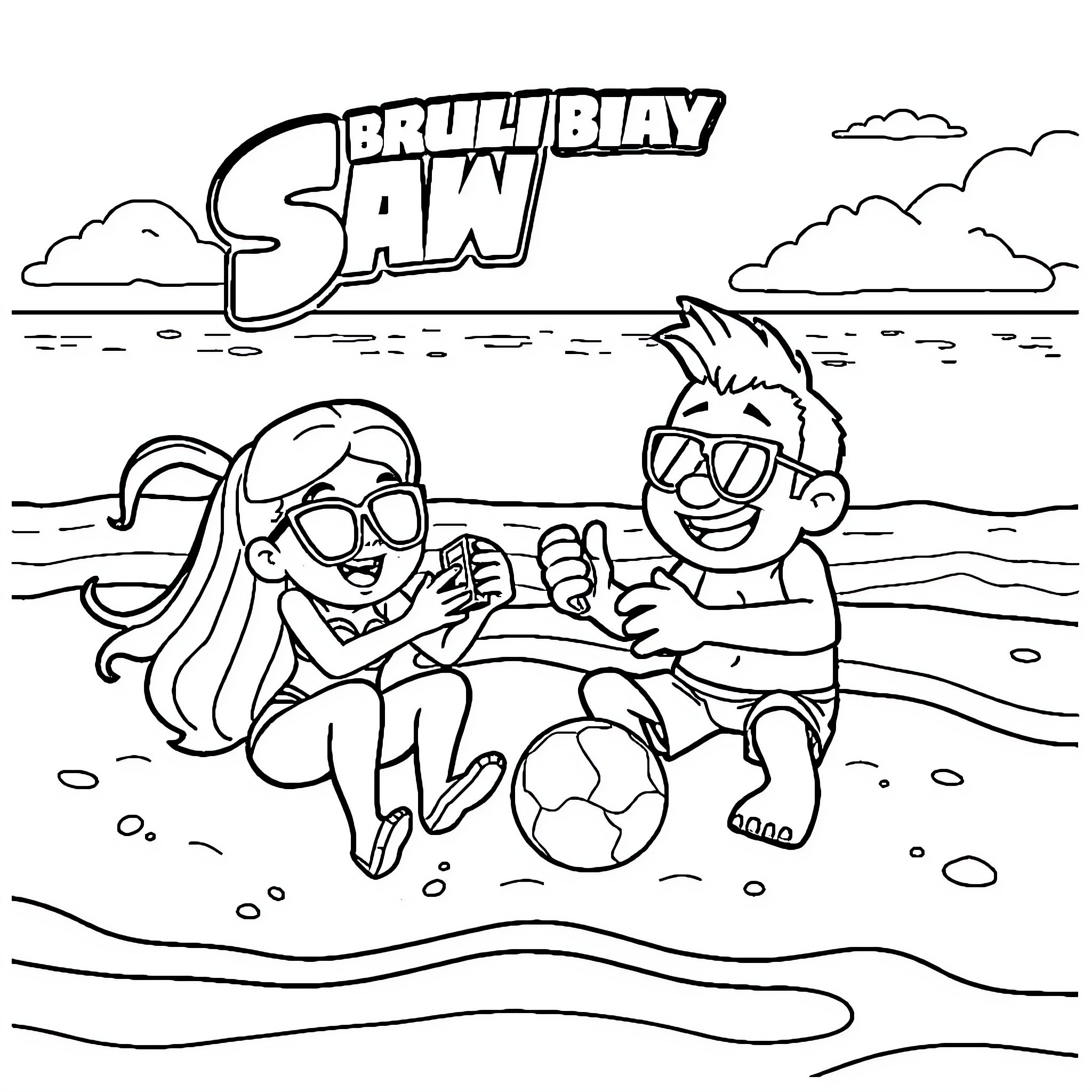 Sandy children playing together on the beach Coloring Page (free black-and-white line drawing printable PDF for all, from beginners to advanced learners, including children, teens, adults, and seniors)