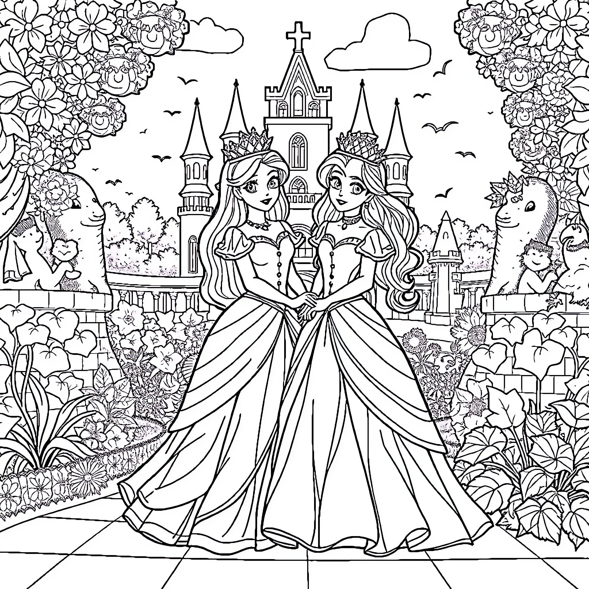 Princess Duo Dancing in a Magical Garden Coloring Page (free black-and-white line drawing printable PDF for all, from beginners to advanced learners, including children, teens, adults, and seniors)