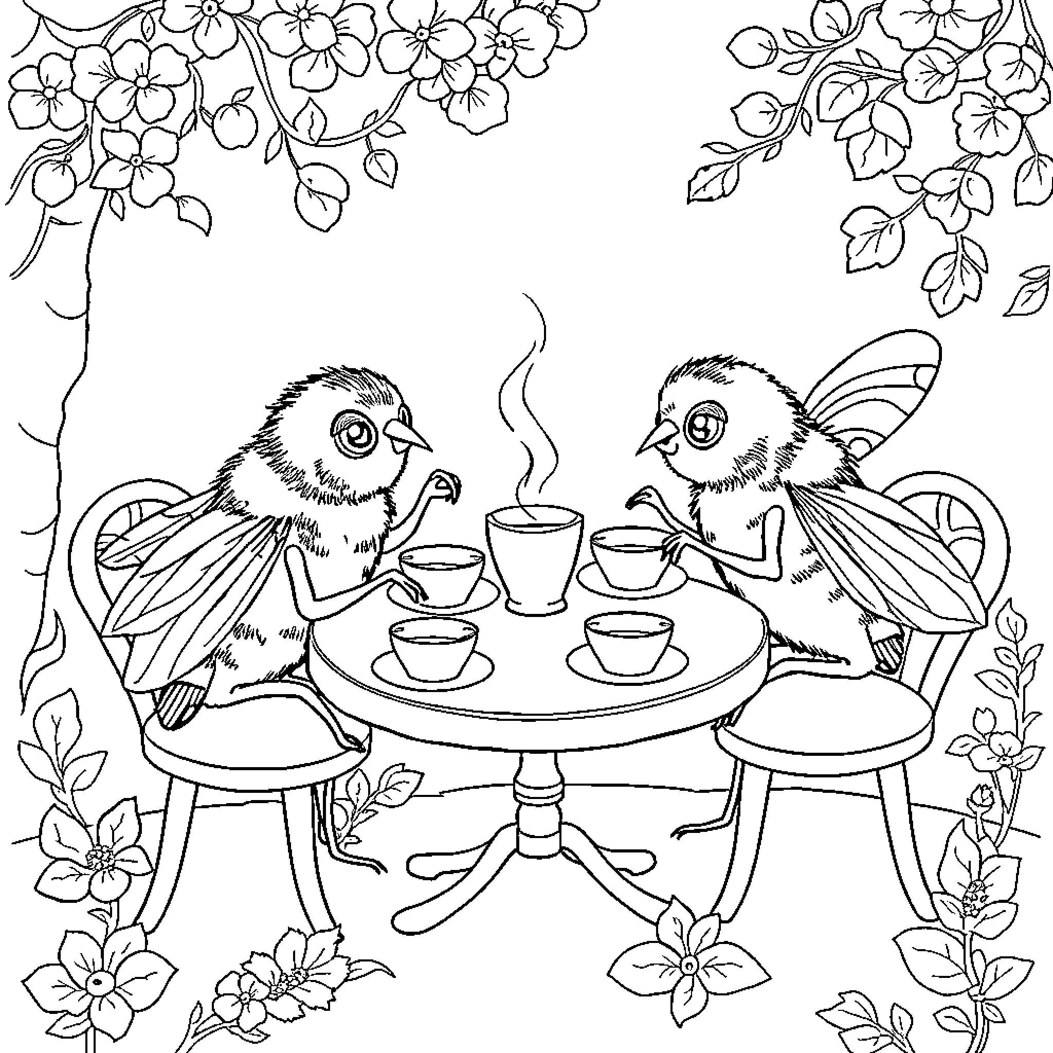 Wasp friends having tea time together Coloring Page (free black-and-white line drawing printable PDF for all, from beginners to advanced learners, including children, teens, adults, and seniors)