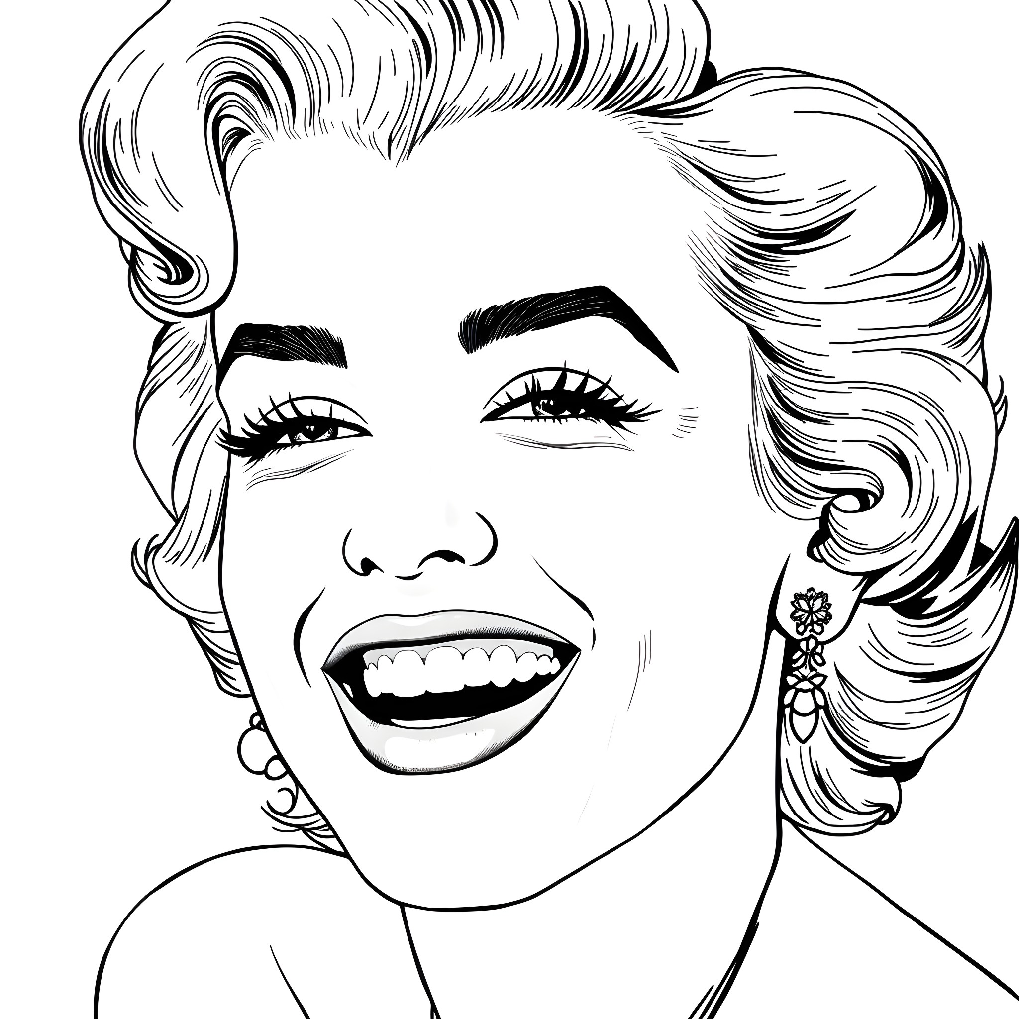 Marilyn Monroe's Iconic Glamorous Expression Coloring Page (free black-and-white line drawing printable PDF for all, from beginners to advanced learners, including children, teens, adults, and seniors)