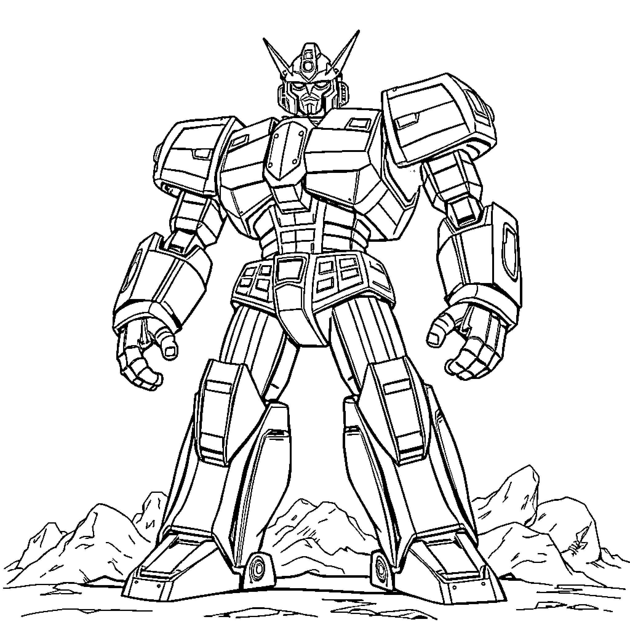 Goldorak standing heroically amidst a rocky landscape Coloring Page (free black-and-white line drawing printable PDF for all, from beginners to advanced learners, including children, teens, adults, and seniors)