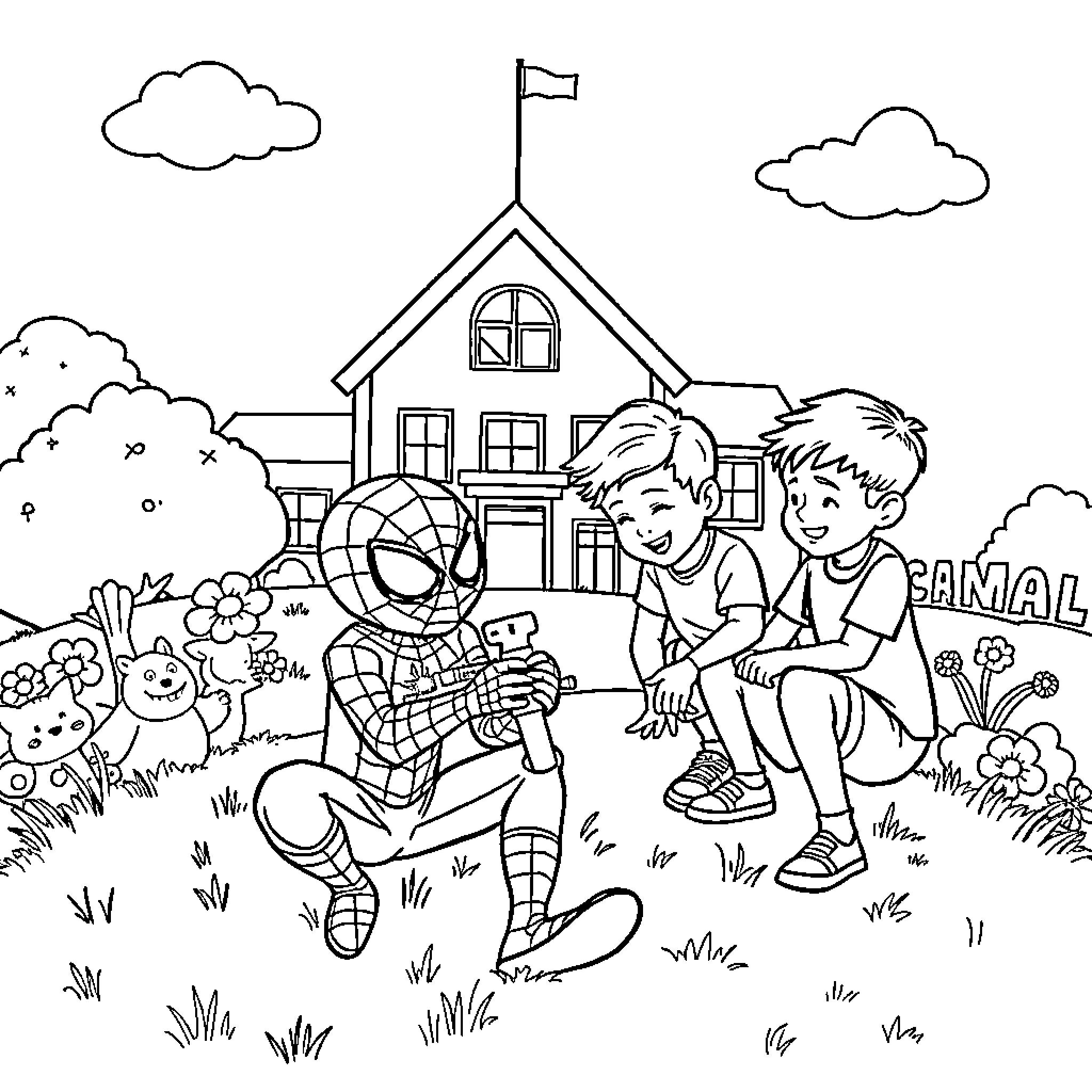 Spiderman playing with kids in neighborhood Coloring Page (free black-and-white line drawing printable PDF for all, from beginners to advanced learners, including children, teens, adults, and seniors)