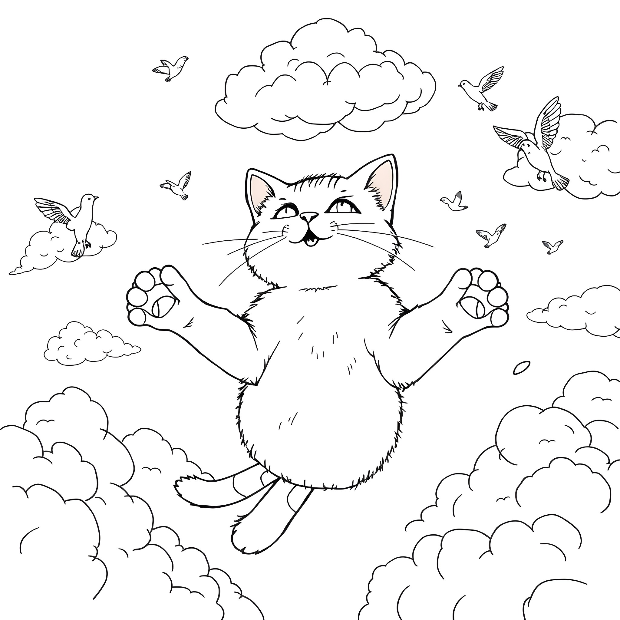 Cat playing happily among clouds and birds Coloring Page (free black-and-white line drawing printable PDF for all, from beginners to advanced learners, including children, teens, adults, and seniors)