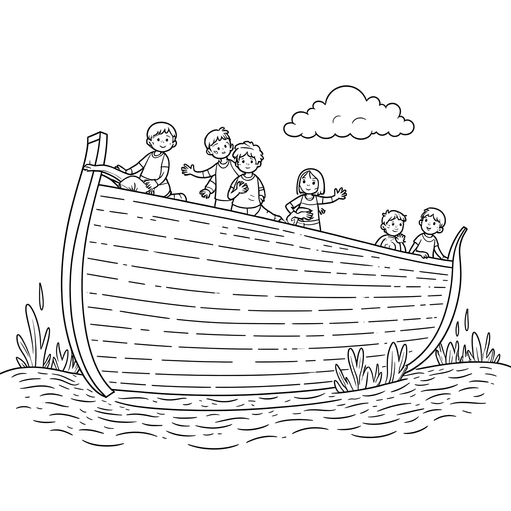 Noah's Arc: Children sailing on a wooden boat Coloring Page (free black-and-white line drawing printable PDF for all, from beginners to advanced learners, including children, teens, adults, and seniors)