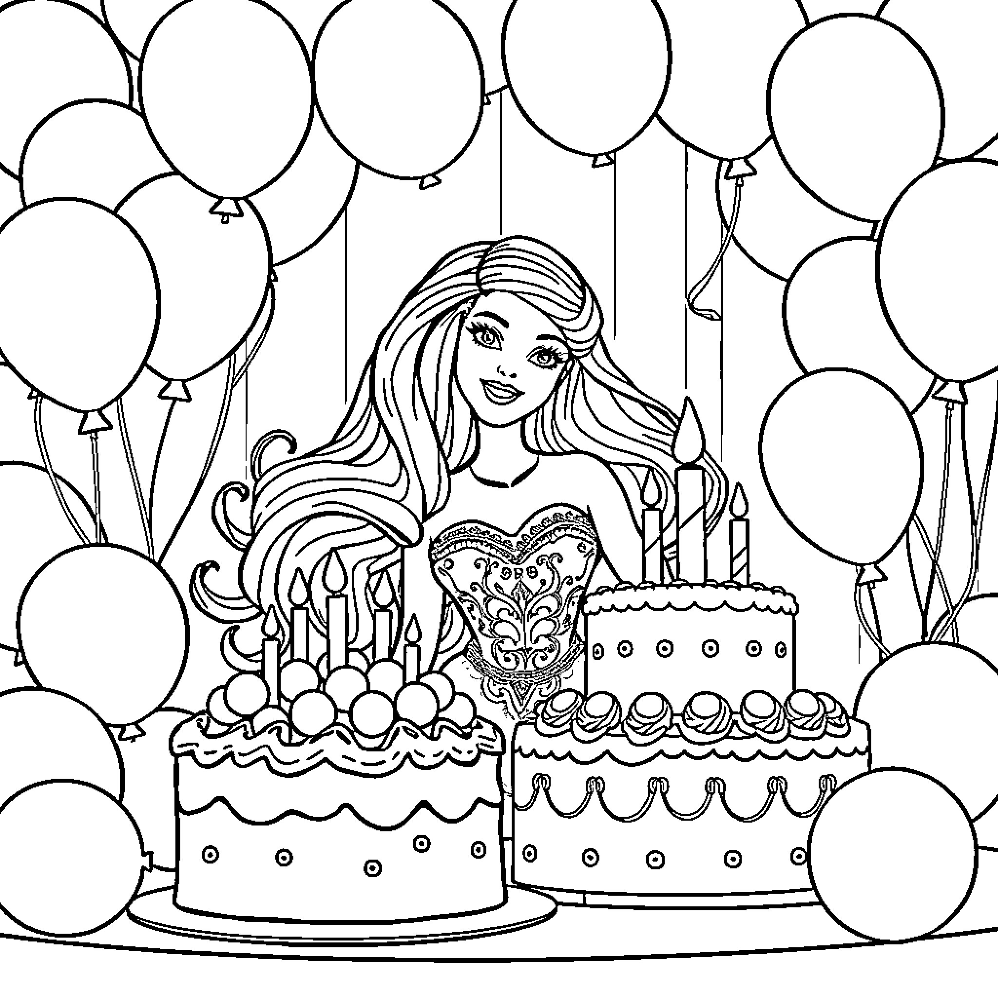Barbie celebrates her birthday with cakes and balloons Coloring Page (free black-and-white line drawing printable PDF for all, from beginners to advanced learners, including children, teens, adults, and seniors)