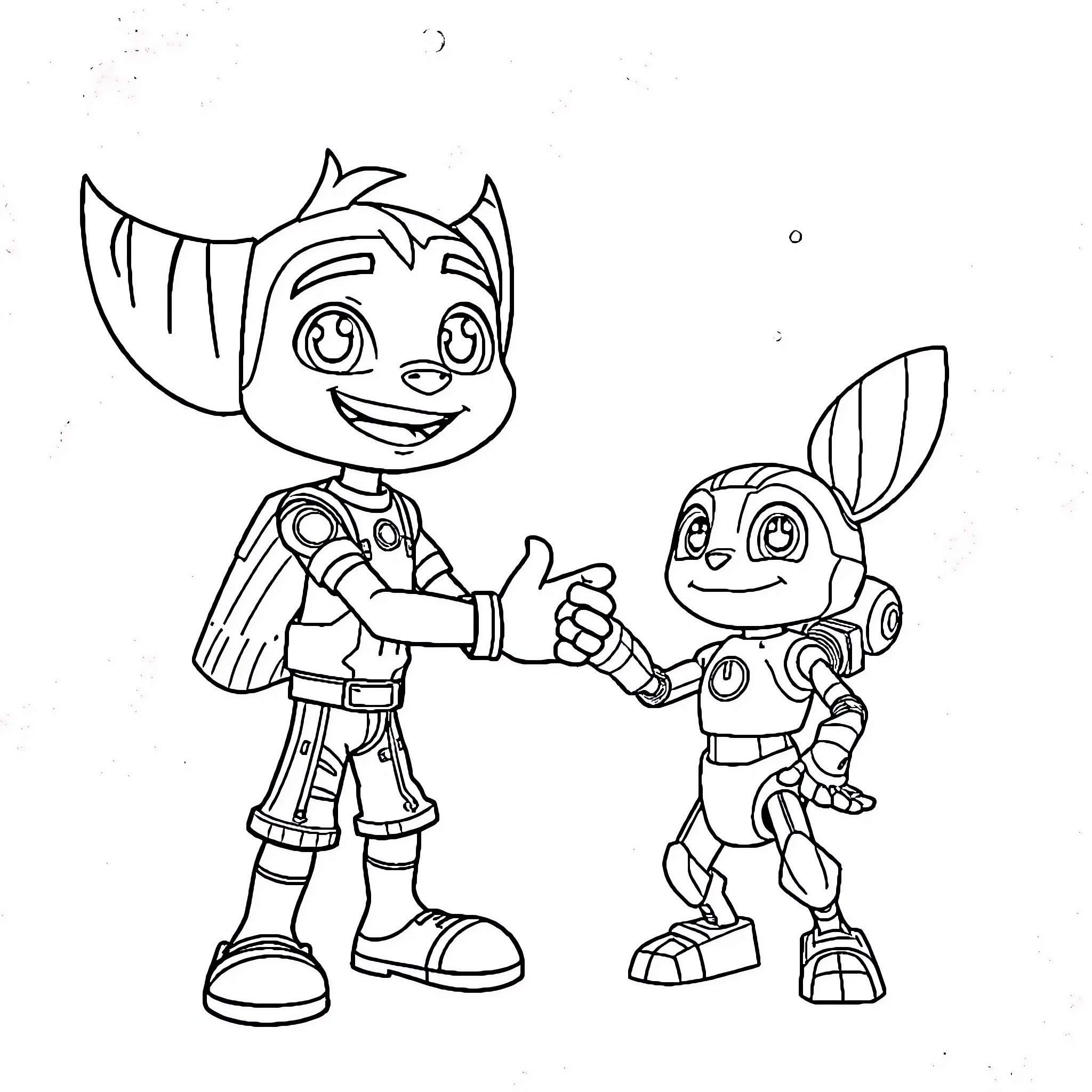 Ratchet and Clank's Robotic Camaraderie Coloring Page (free black-and-white line drawing printable PDF for all, from beginners to advanced learners, including children, teens, adults, and seniors)