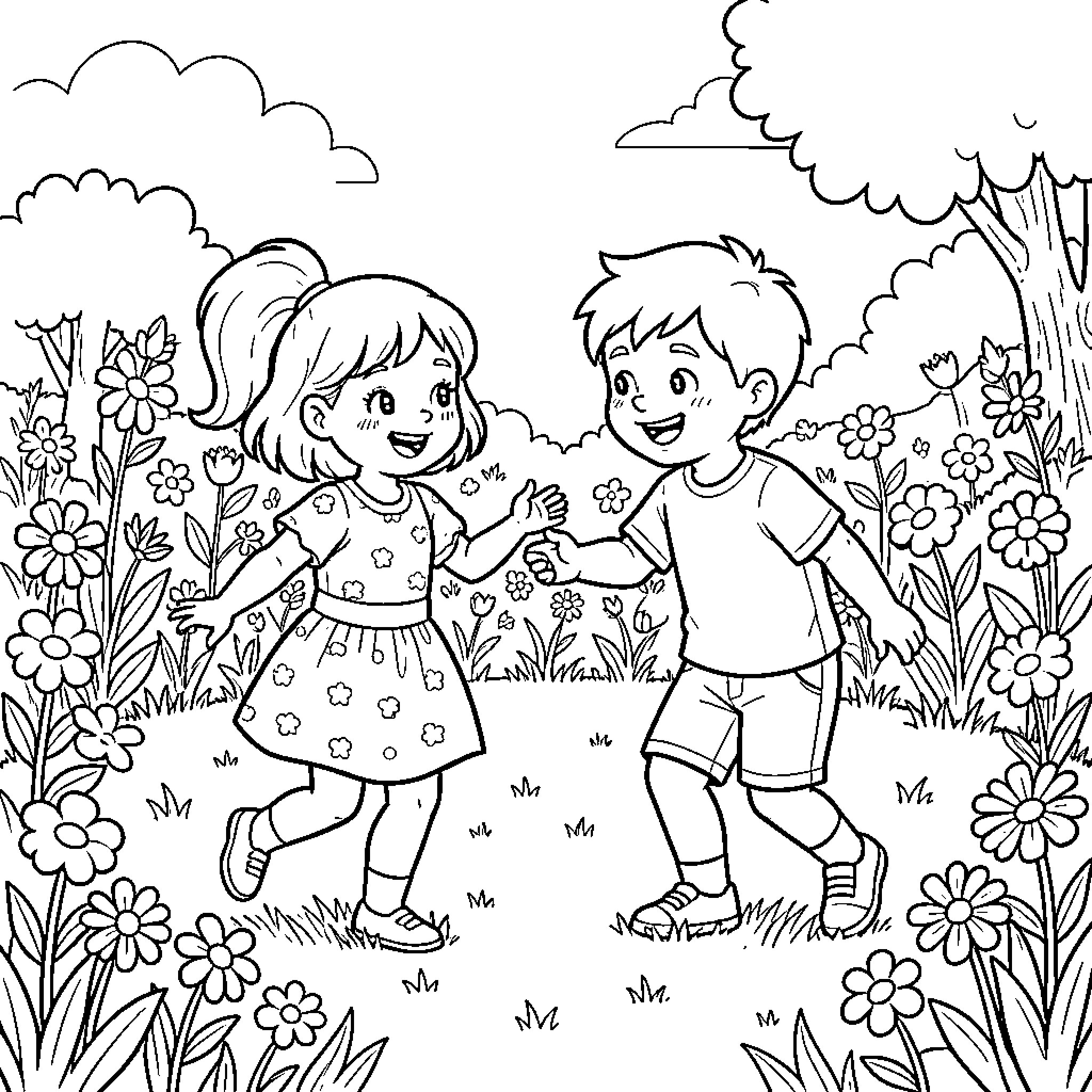 Child friends playing together in a garden Coloring Page (free black-and-white line drawing printable PDF for all, from beginners to advanced learners, including children, teens, adults, and seniors)