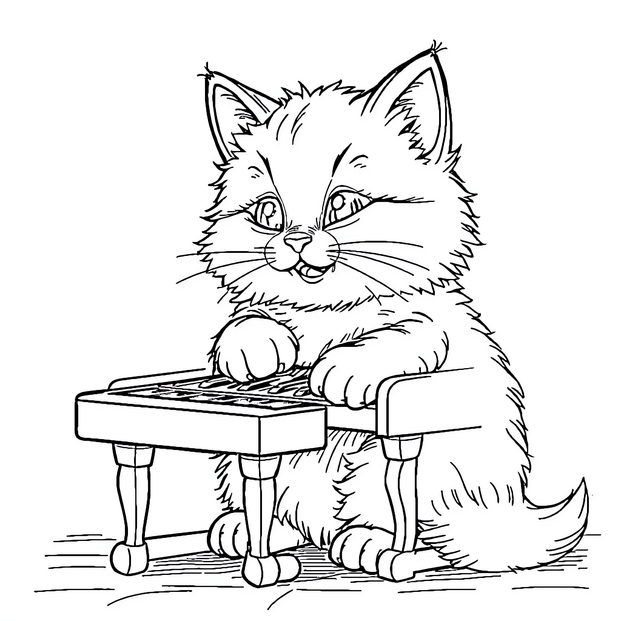 Cat playing on musical instrument Coloring Page (free black-and-white line drawing printable PDF for all, from beginners to advanced learners, including children, teens, adults, and seniors)