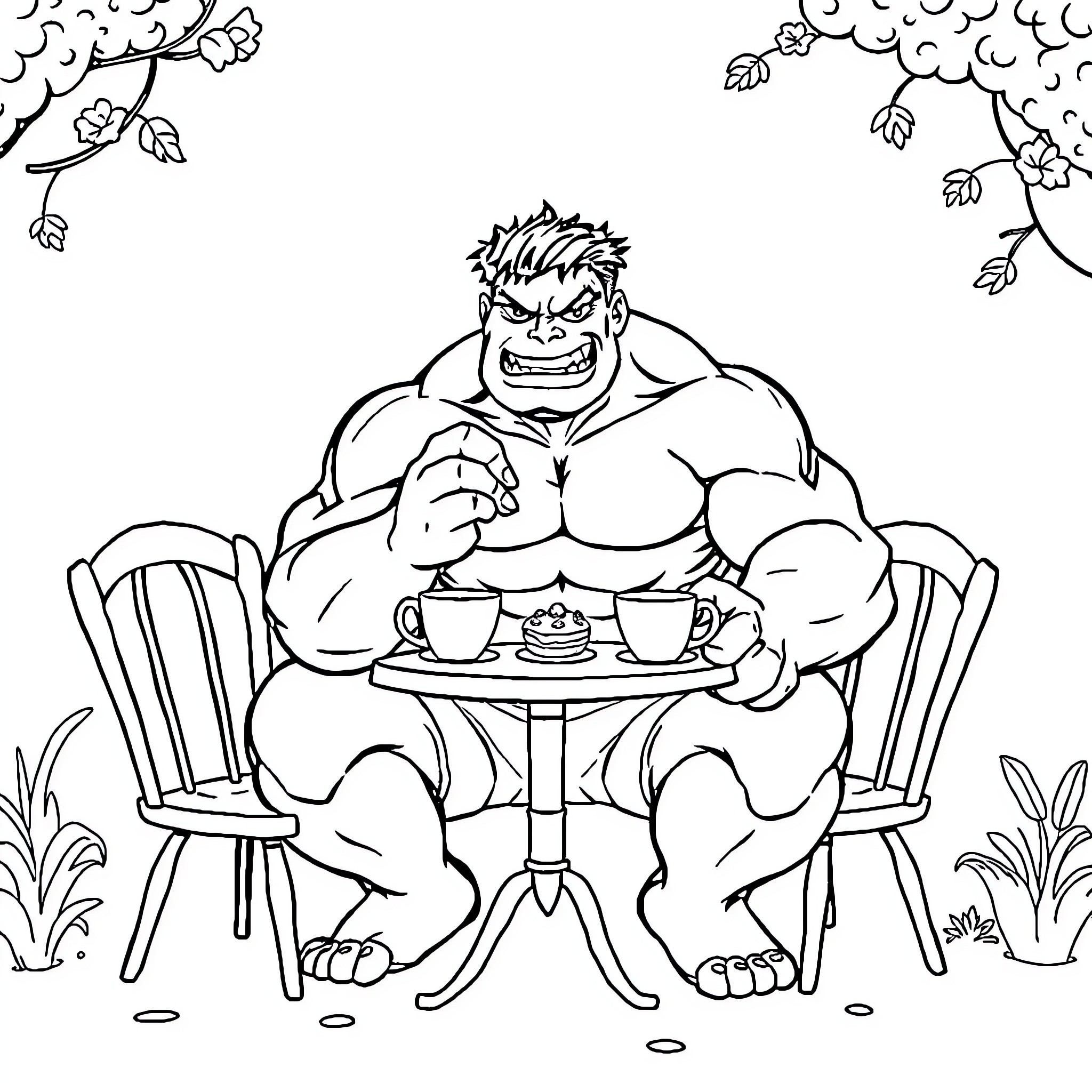 Hulk enjoying a picnic in the park Coloring Page (free black-and-white line drawing printable PDF for all, from beginners to advanced learners, including children, teens, adults, and seniors)