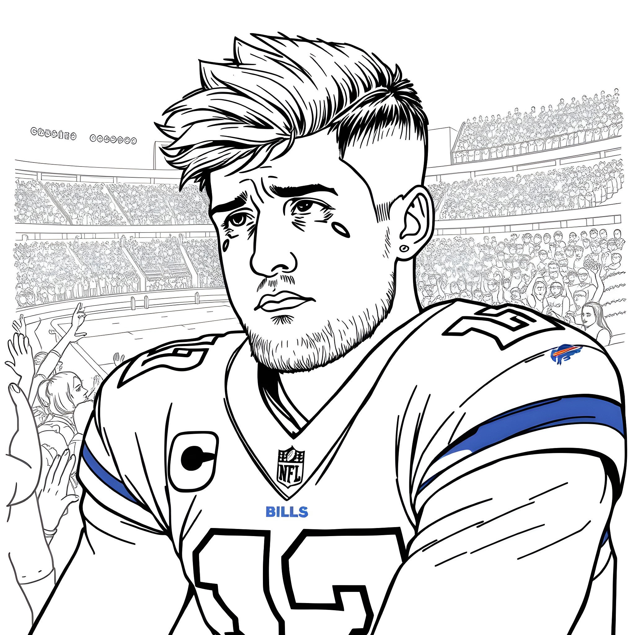 Josh Allen playing in an NFL football game Coloring Page (free black-and-white line drawing printable PDF for all, from beginners to advanced learners, including children, teens, adults, and seniors)