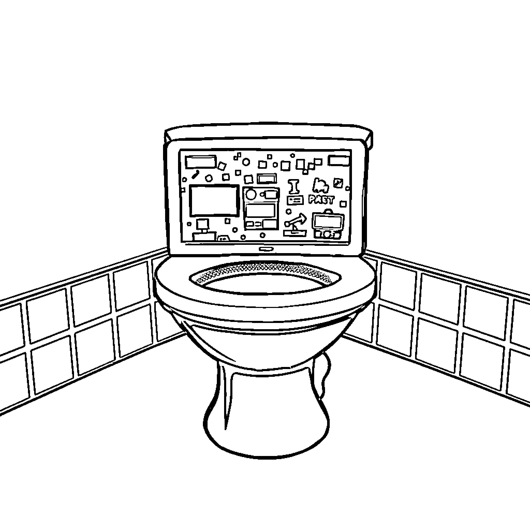 Toilet Bowl with Gadgets and Devices Coloring Page (free black-and-white line drawing printable PDF for all, from beginners to advanced learners, including children, teens, adults, and seniors)