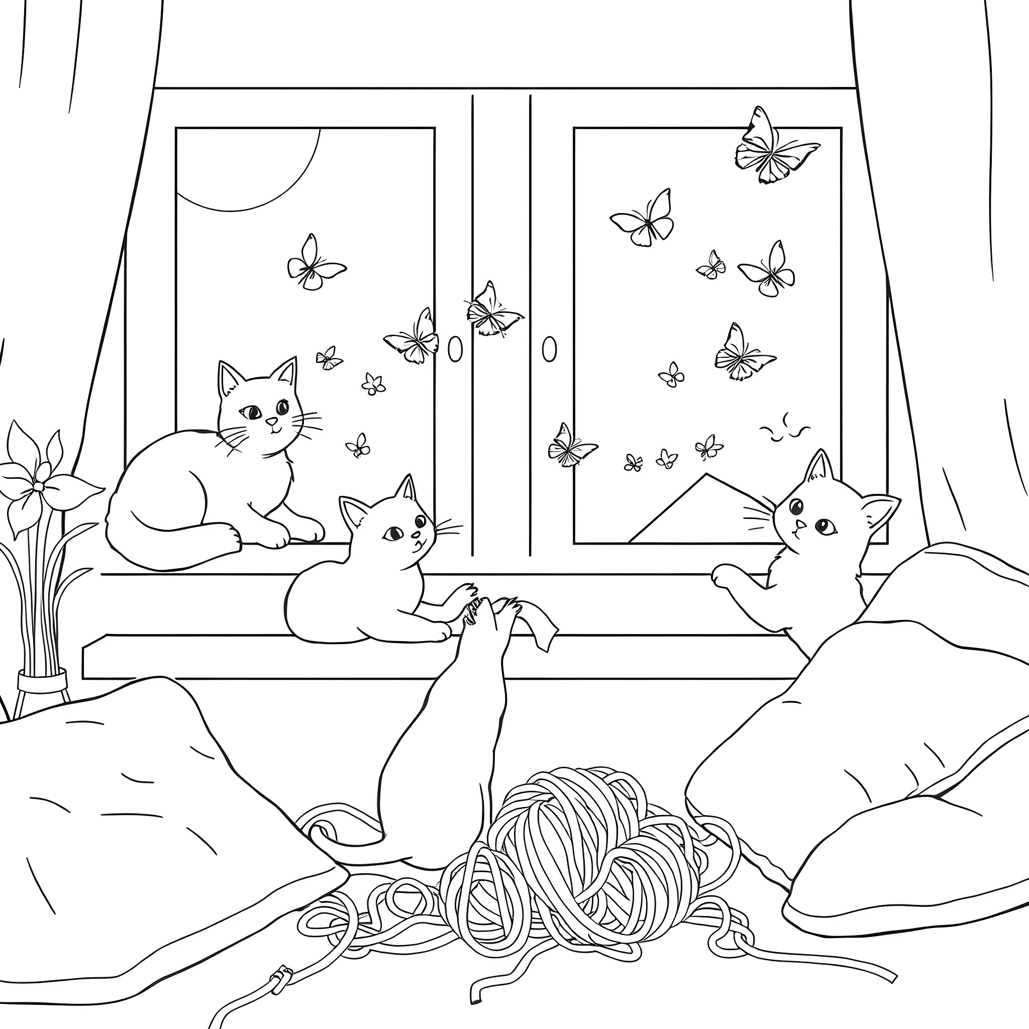 Cats watching butterflies through the window Coloring Page (free black-and-white line drawing printable PDF for all, from beginners to advanced learners, including children, teens, adults, and seniors)