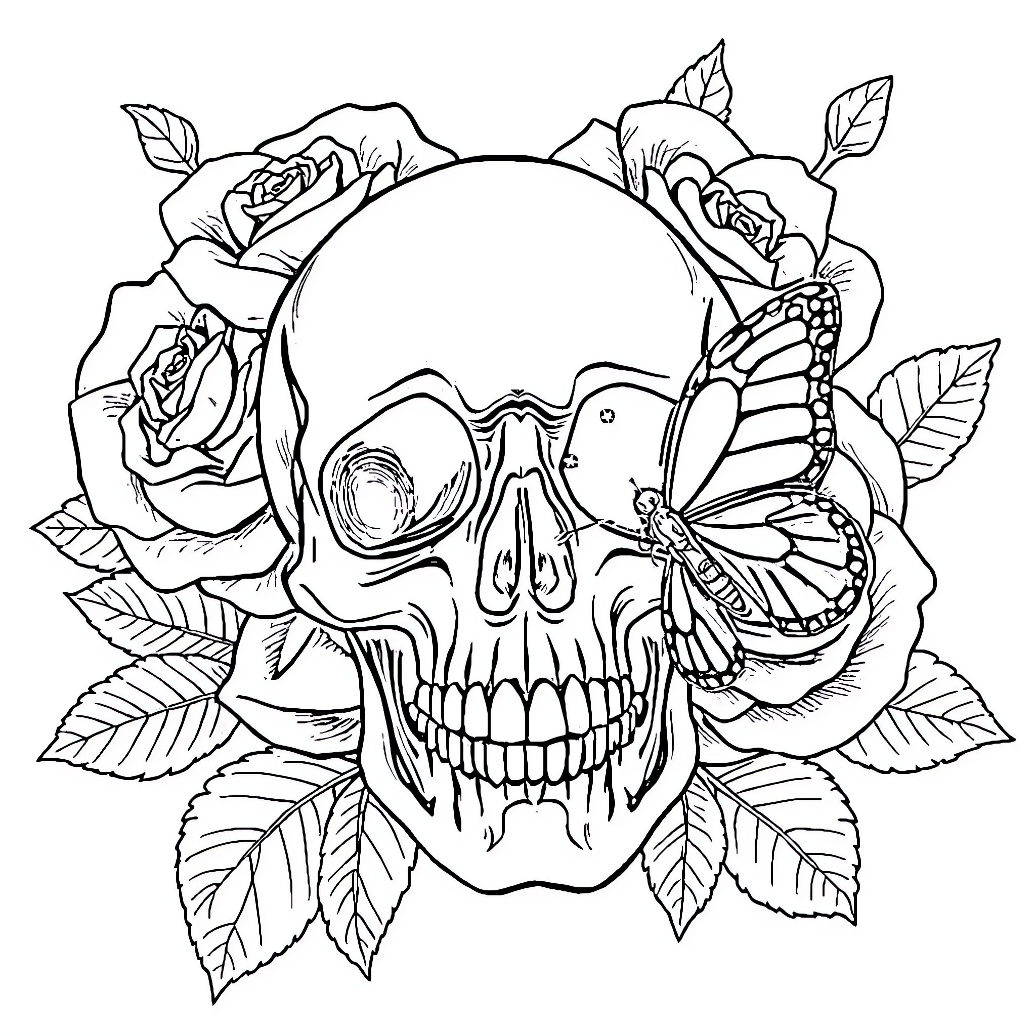 Skull surrounded by floral elements and butterfly Coloring Page (free black-and-white line drawing printable PDF for all, from beginners to advanced learners, including children, teens, adults, and seniors)
