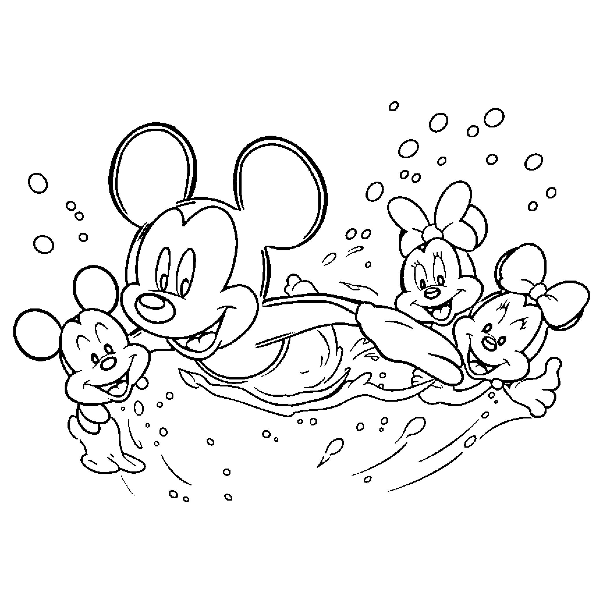 Mickey Mouse and friends playing in the water Coloring Page (free black-and-white line drawing printable PDF for all, from beginners to advanced learners, including children, teens, adults, and seniors)