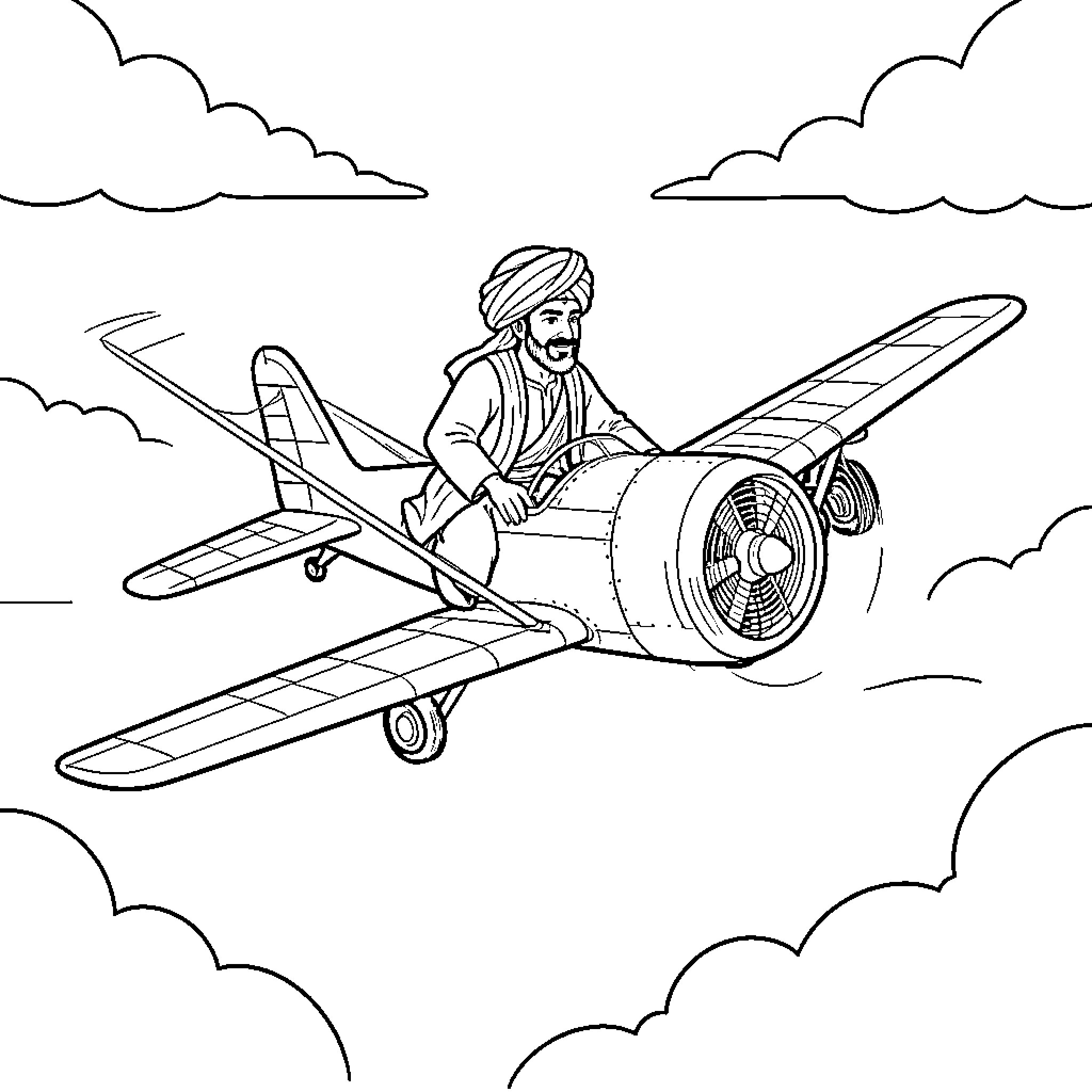Arabian man wearing a turban flying a propeller plane Coloring Page (free black-and-white line drawing printable PDF for all, from beginners to advanced learners, including children, teens, adults, and seniors)