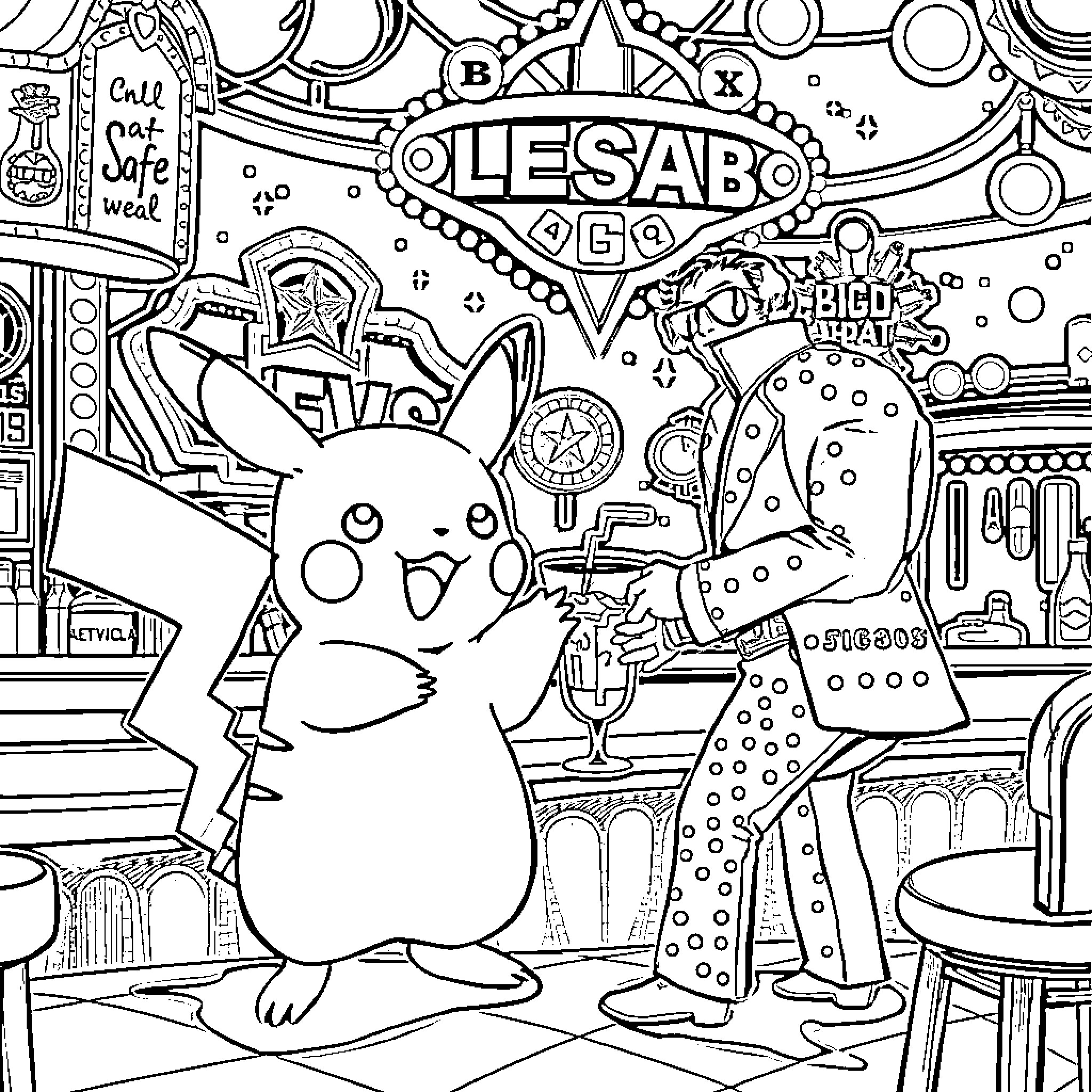 Pikachu enjoying a fun night at the carnival Coloring Page (free black-and-white line drawing printable PDF for all, from beginners to advanced learners, including children, teens, adults, and seniors)