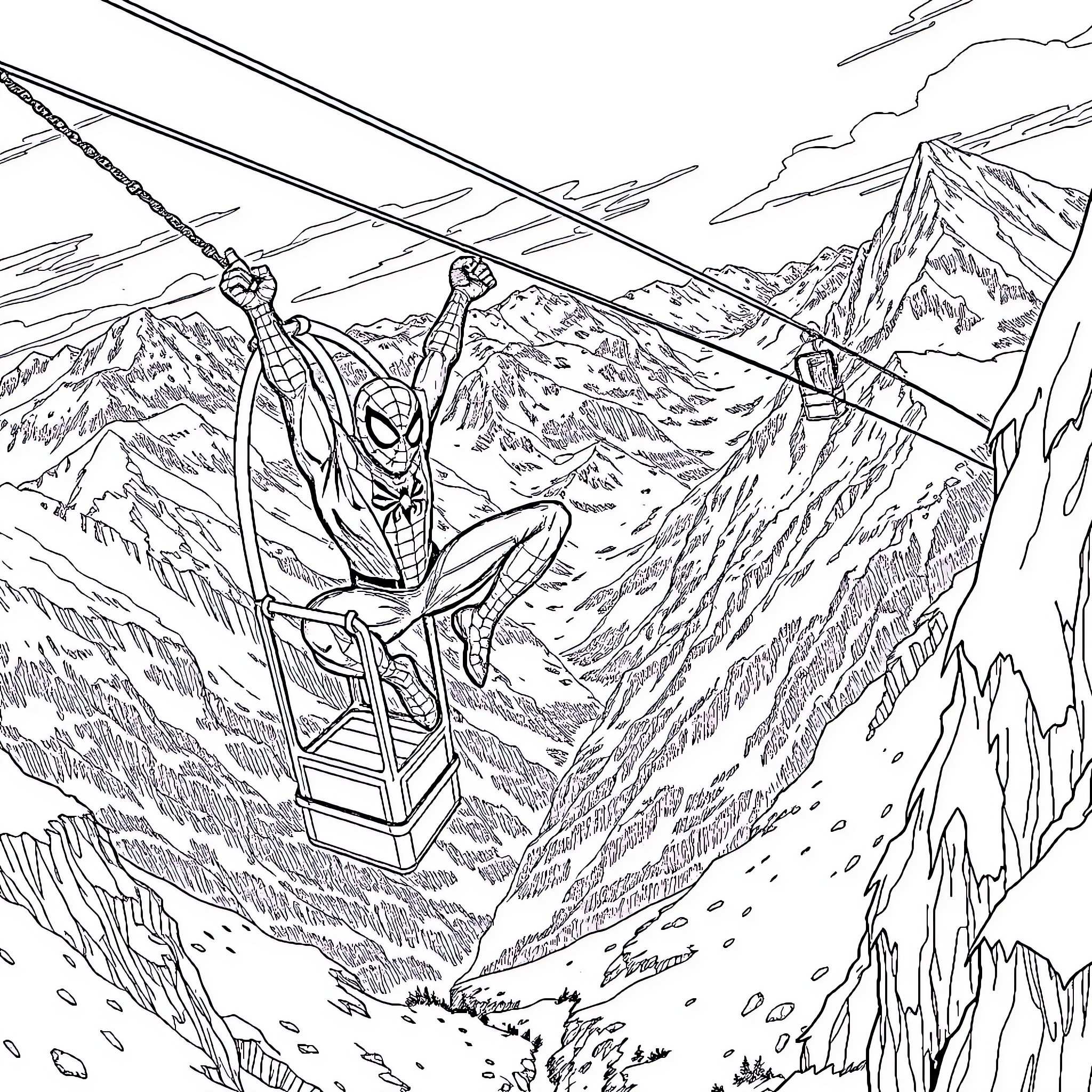 Spider-Man swinging through a dangerous mountain landscape Coloring Page (free black-and-white line drawing printable PDF for all, from beginners to advanced learners, including children, teens, adults, and seniors)