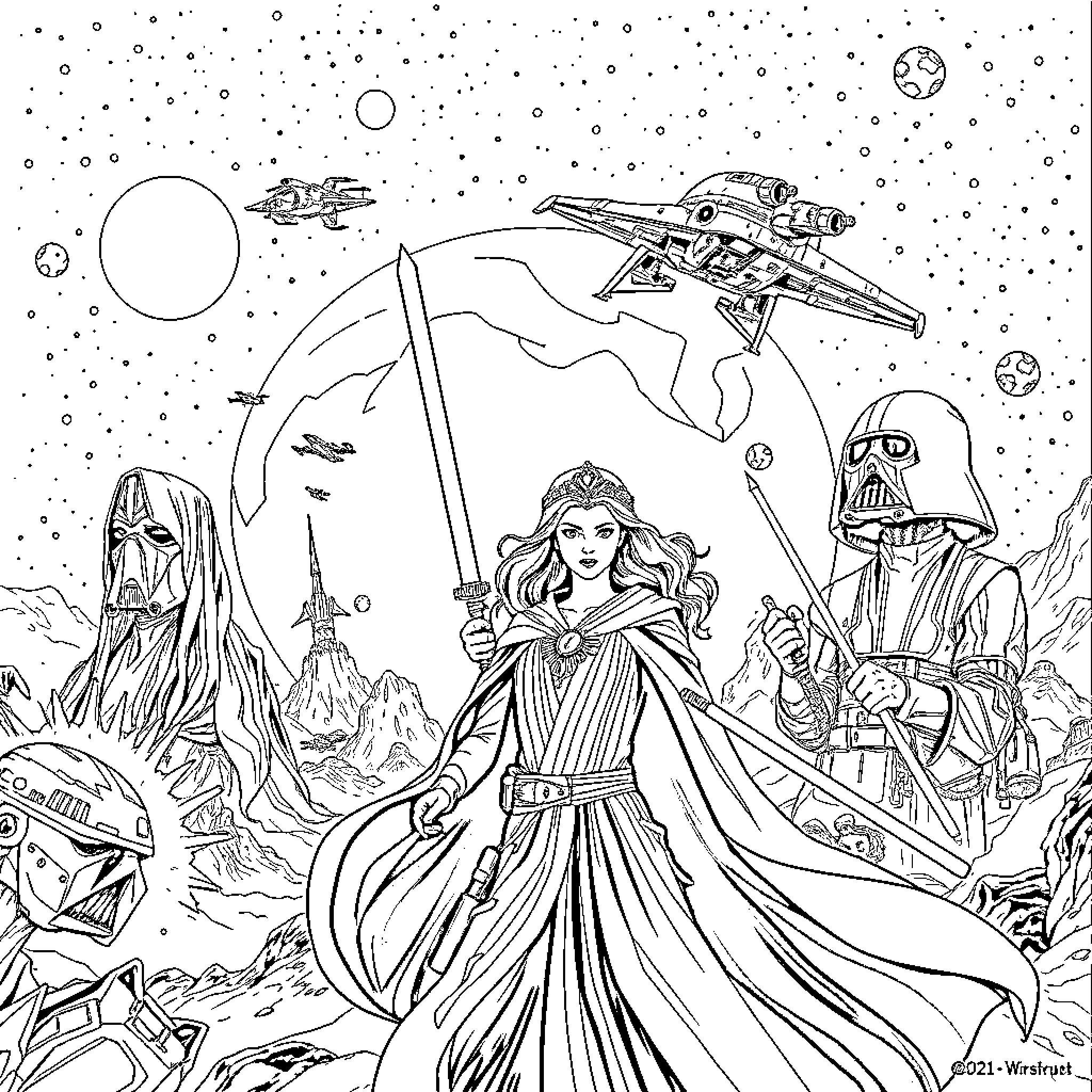 Star Wars: Heroic Characters in a Galactic Battle Coloring Page (free black-and-white line drawing printable PDF for all, from beginners to advanced learners, including children, teens, adults, and seniors)