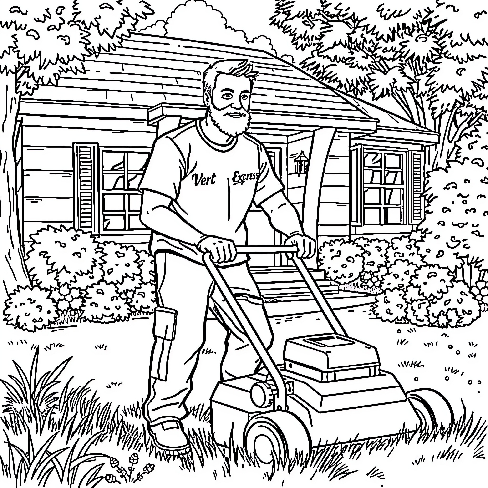 Man mowing the lawn in front of his rural home Coloring Page (free black-and-white line drawing printable PDF for all, from beginners to advanced learners, including children, teens, adults, and seniors)