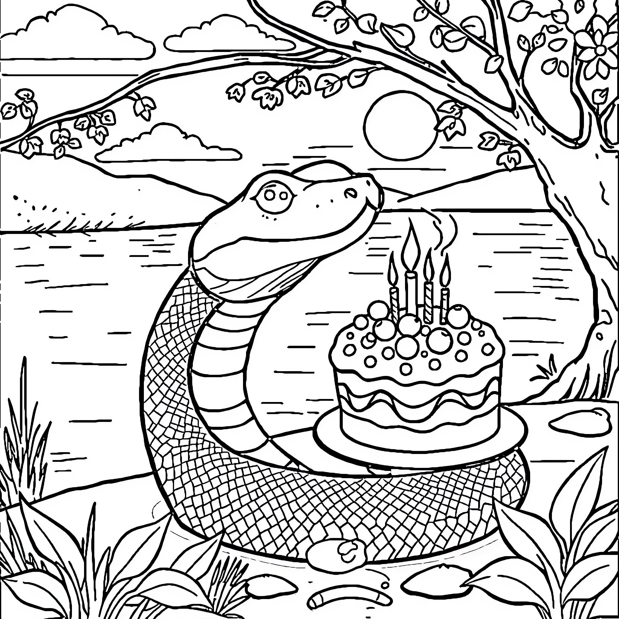 Snake celebrating birthday with cake in nature Coloring Page (free black-and-white line drawing printable PDF for all, from beginners to advanced learners, including children, teens, adults, and seniors)