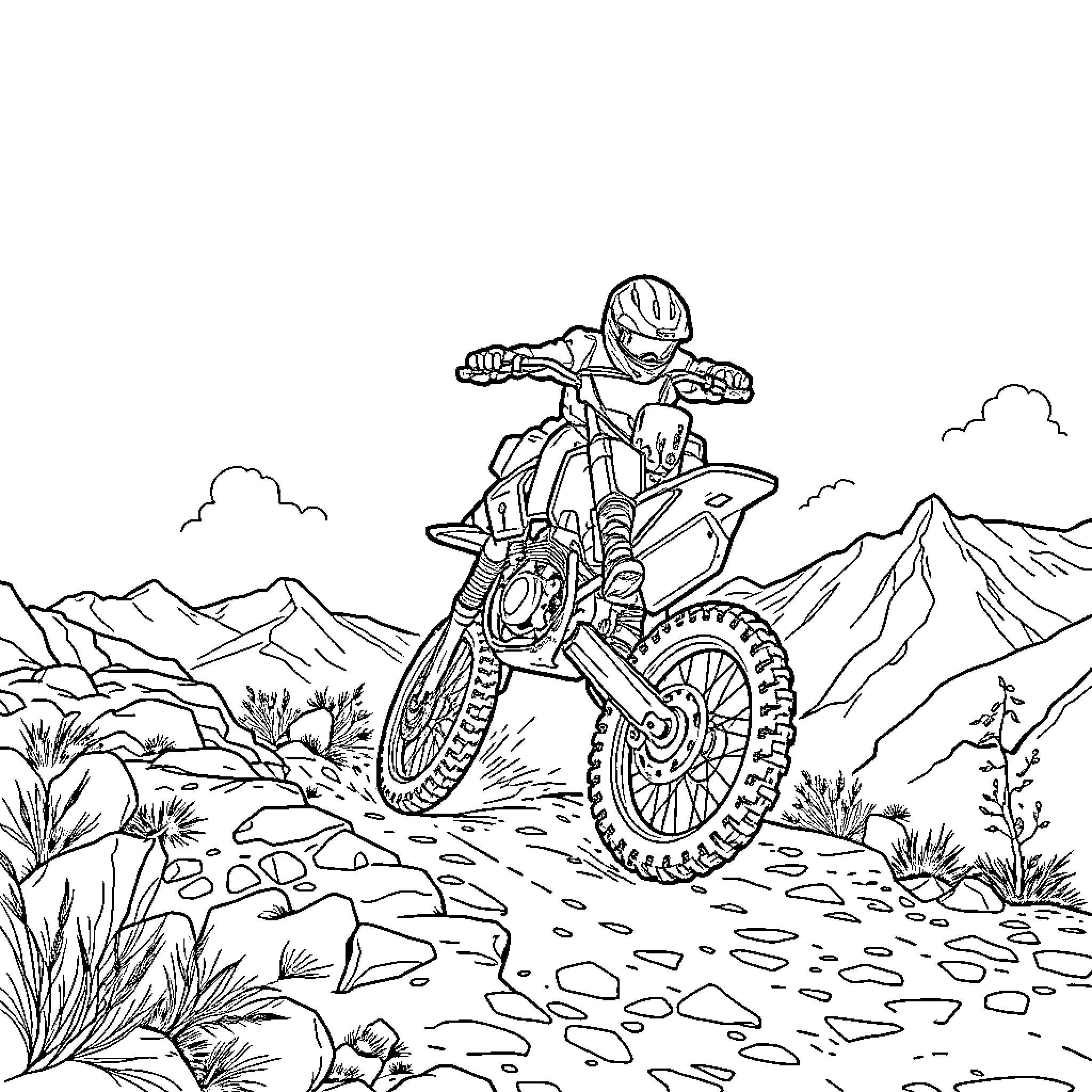 Dirt Bike Rider Navigating Rugged Mountain Terrain Coloring Page (free black-and-white line drawing printable PDF for all, from beginners to advanced learners, including children, teens, adults, and seniors)