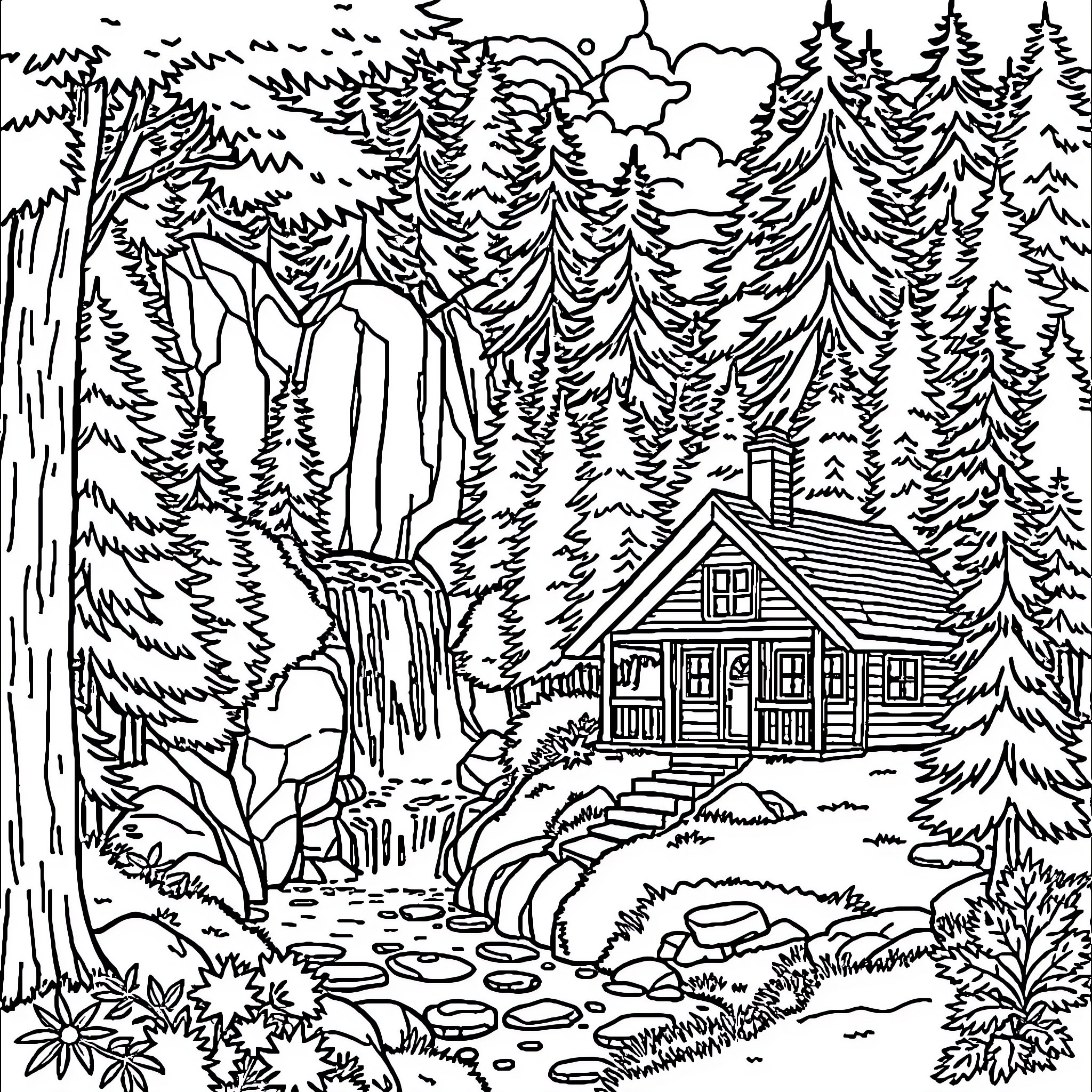 Cabin in the Peaceful Forest Landscape Coloring Page (free black-and-white line drawing printable PDF for all, from beginners to advanced learners, including children, teens, adults, and seniors)