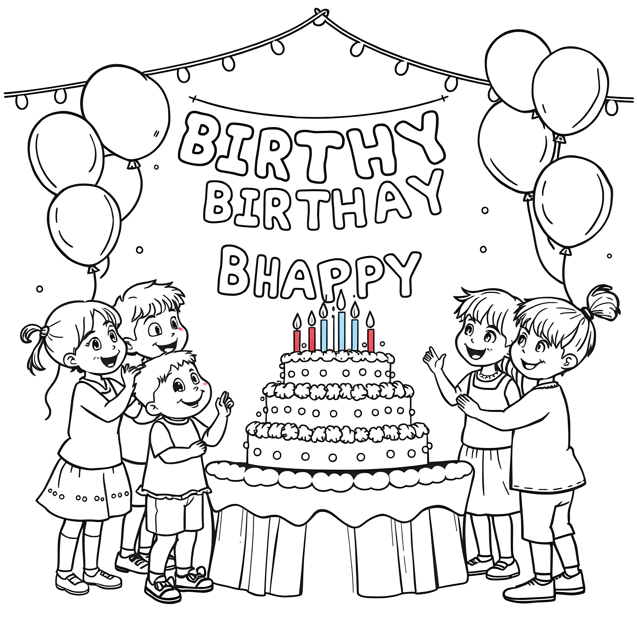 Birthday party scene with happy children and cake Coloring Page (free black-and-white line drawing printable PDF for all, from beginners to advanced learners, including children, teens, adults, and seniors)