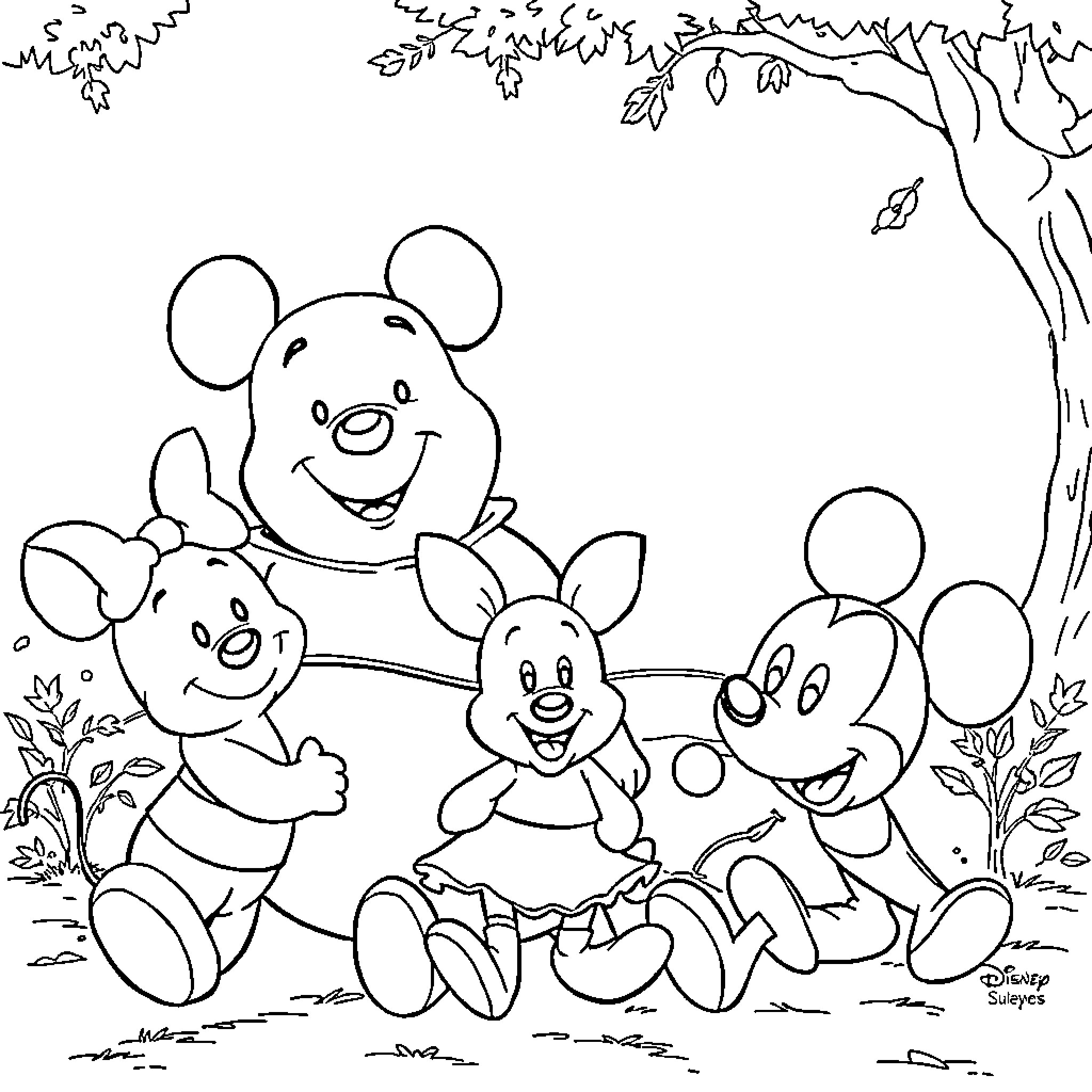 Character characters playing in the park Coloring Page (free black-and-white line drawing printable PDF for all, from beginners to advanced learners, including children, teens, adults, and seniors)