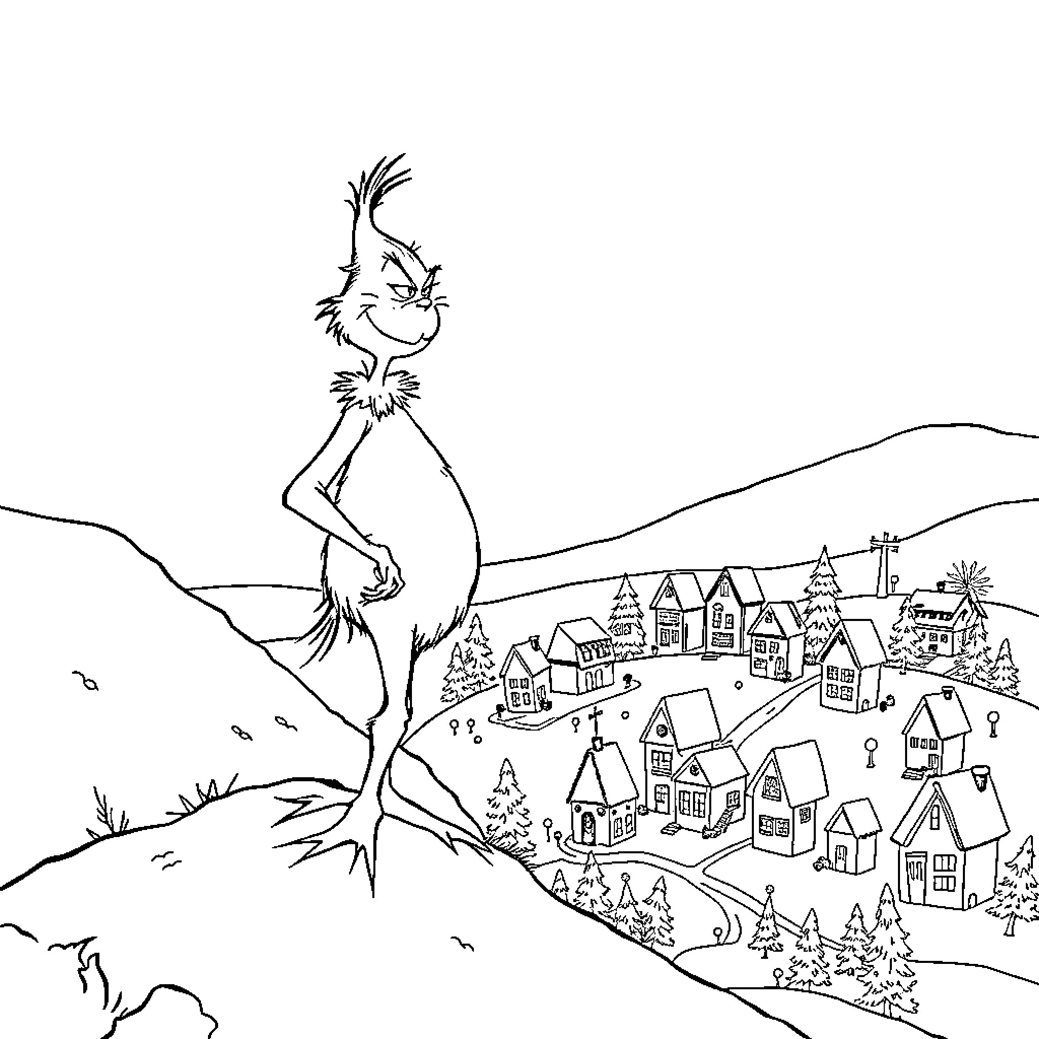Grinch overlooking village during winter Coloring Page (free black-and-white line drawing printable PDF for all, from beginners to advanced learners, including children, teens, adults, and seniors)