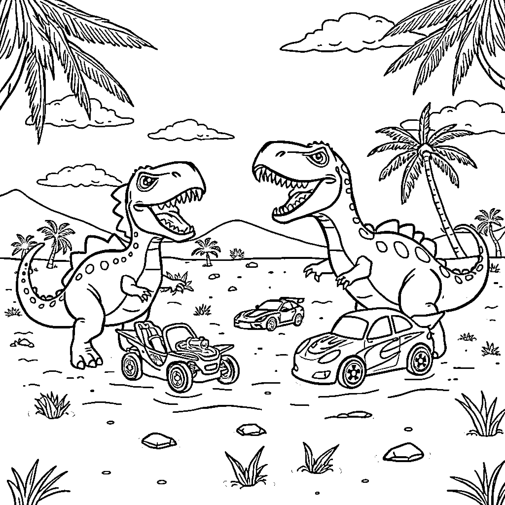 Dinosaurs playing with toy cars in tropical landscape Coloring Page (free black-and-white line drawing printable PDF for all, from beginners to advanced learners, including children, teens, adults, and seniors)